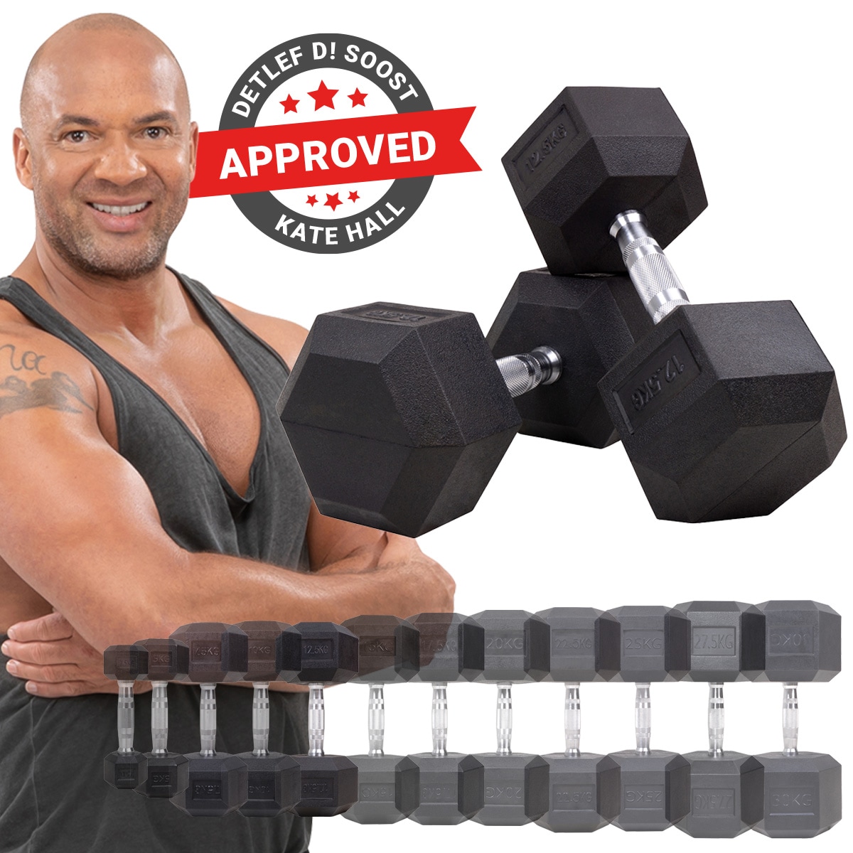 Miweba Sports Hexagon Kurzhanteln HGH100, Kurzhantel-Set, 2,5-15 kg, Gusseisen-Kern (Hantelpaar, 12,5 kg) 