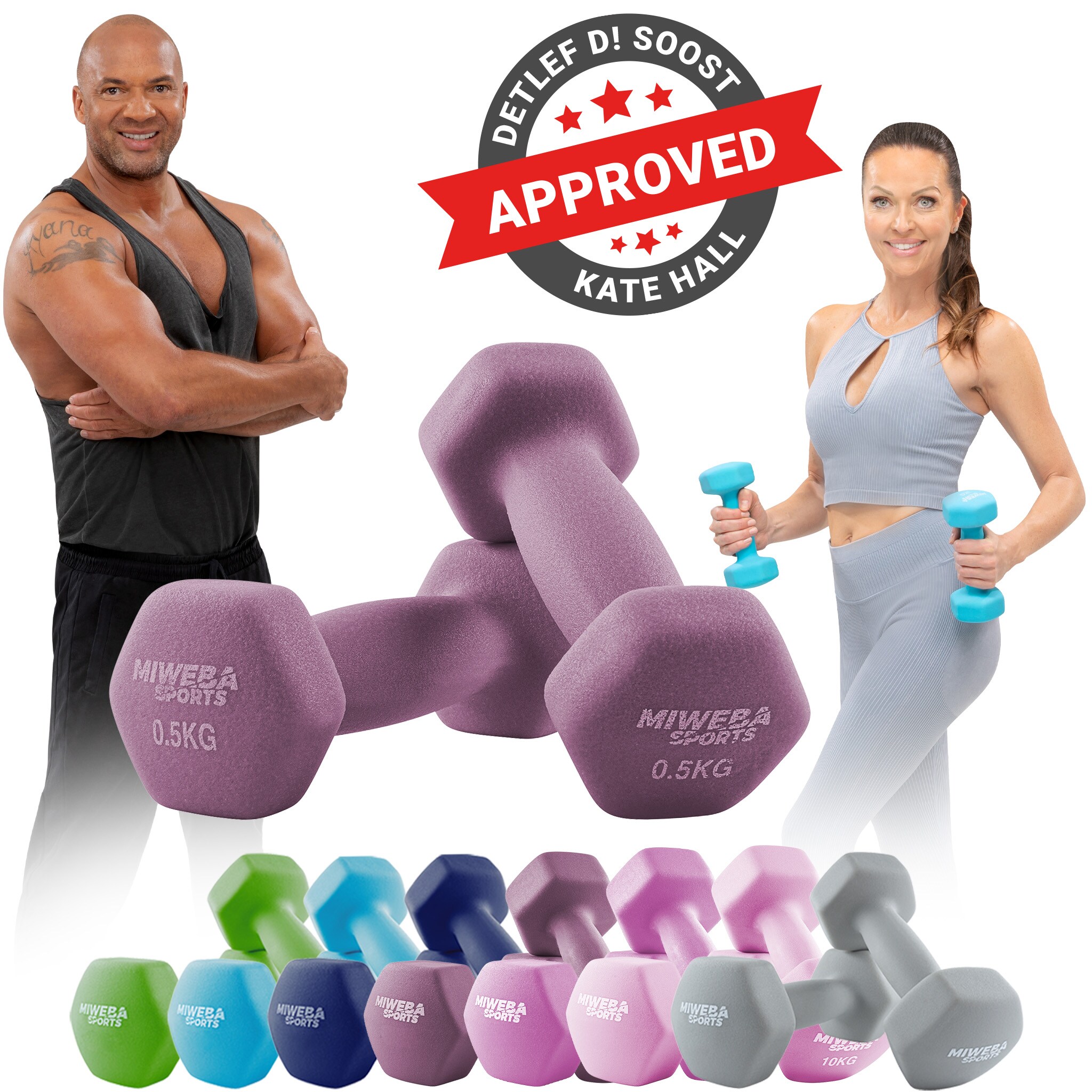 Miweba Sports Gymnastikhanteln 2er-Set NKH100, bodenschonend, 0,5-10 kg, Anti-Rutsch-Oberfl&auml;che (Lila, 2x 0,5 Kg) 