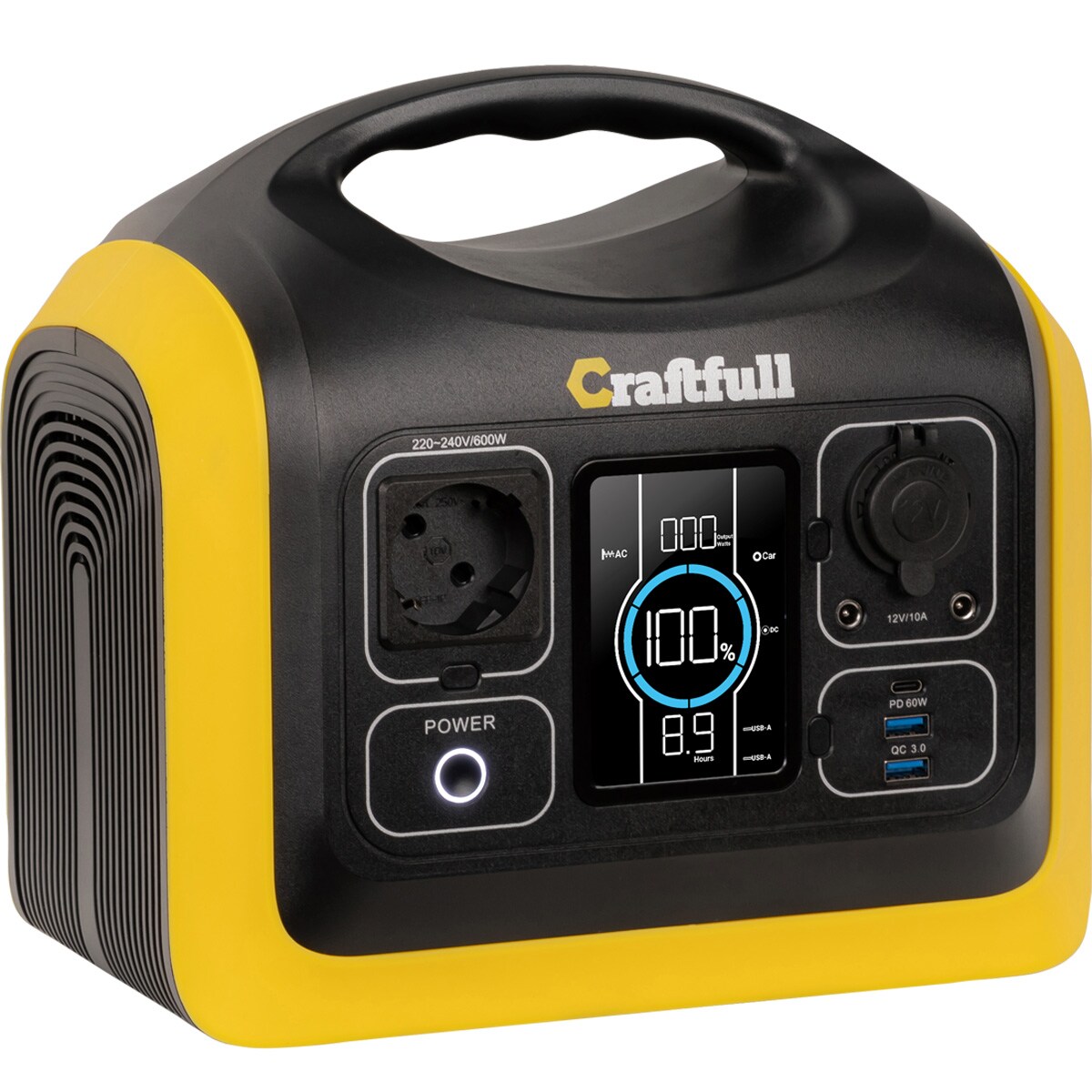 Craftfull Powerstation Adventure CP-600, 595 Wh, 600 Watt, tragbar, Lithium-Akku, Steckdose, USB (Schwarz/Gelb) 