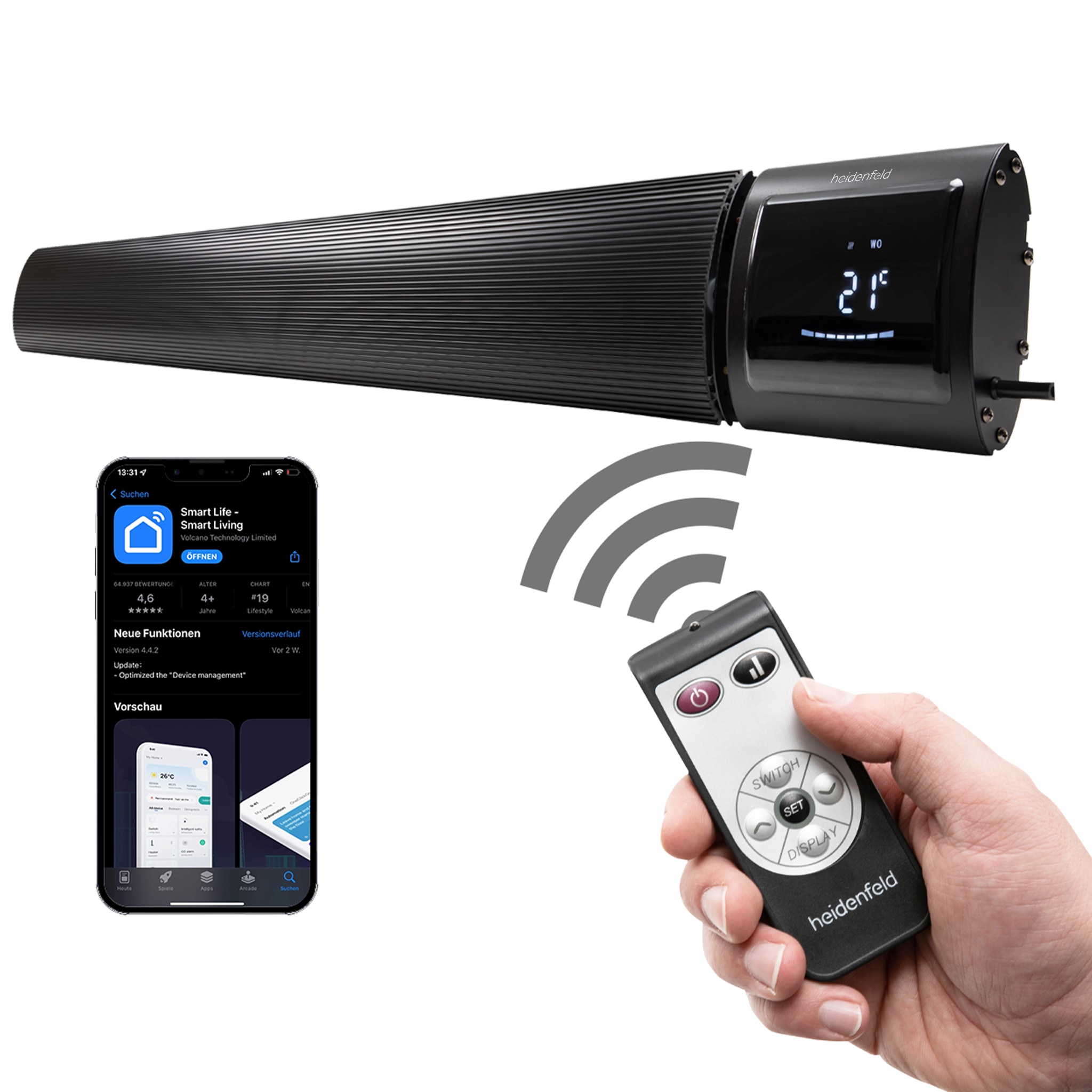 Heidenfeld Dunkelstrahler Inferno DH700, Infrarot-Heizstrahler, 3200 Watt, App- und WiFi, bis 20m&sup2; 