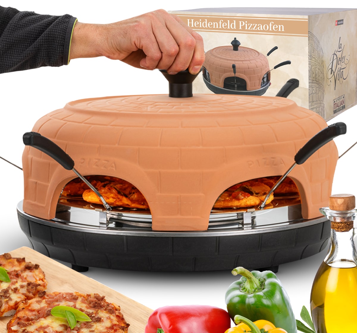 Heidenfeld Mini-Pizzaofen Pizzachef, Pizzadom f&uuml;r 6 Personen, Terrakotta-Kuppel, 1.100 Watt 