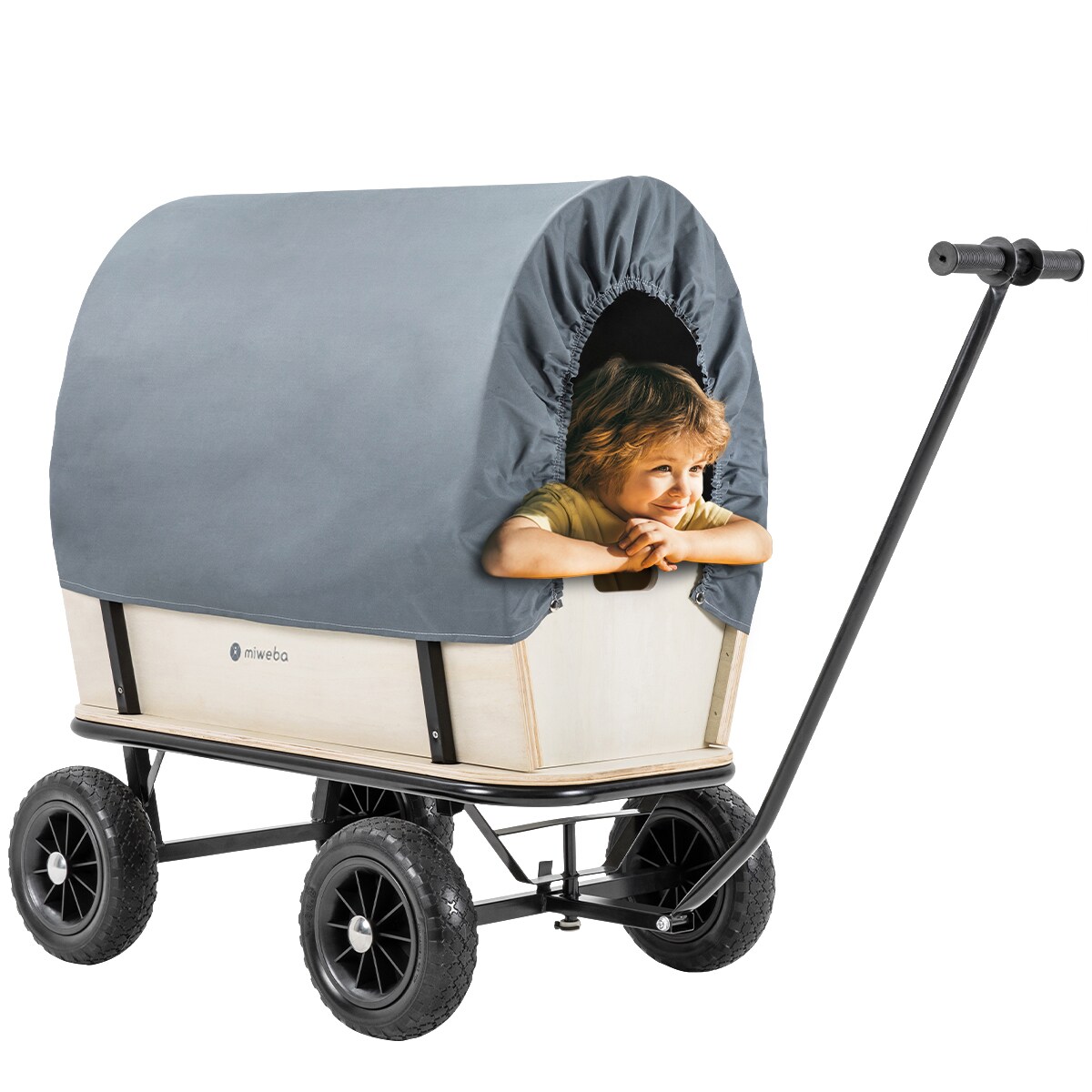 Miweba Holz-Bollerwagen Canvas, mit Dach, deichselgef&uuml;hrte Lenkachse, 180 kg, Profilreifen, Stahl 