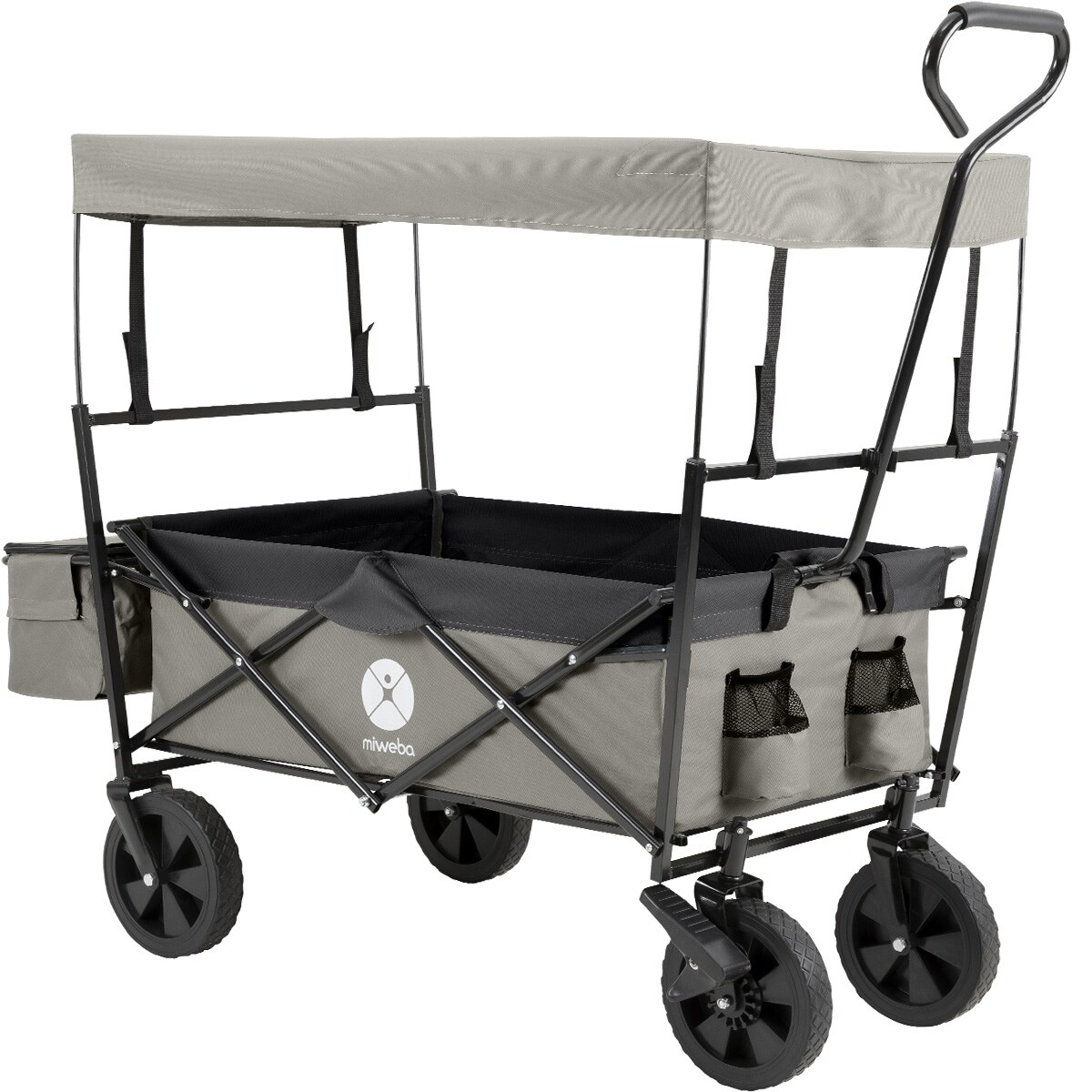 Miweba Bollerwagen MB-15, faltbar, Dach, bis 100 kg, 360&deg;-R&auml;der, Feststellbremsen, Softgrip-Griff (Hellgrau/Dunkelgrau) 