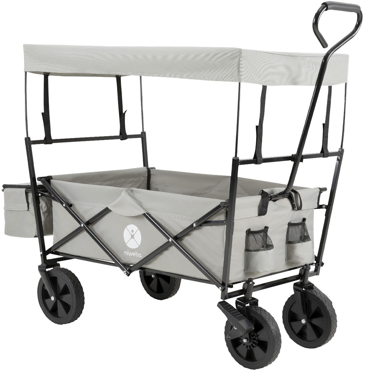 Miweba Bollerwagen MB-15, faltbar, Dach, bis 100 kg, 360&deg;-R&auml;der, Feststellbremsen, Softgrip-Griff (Grau) 