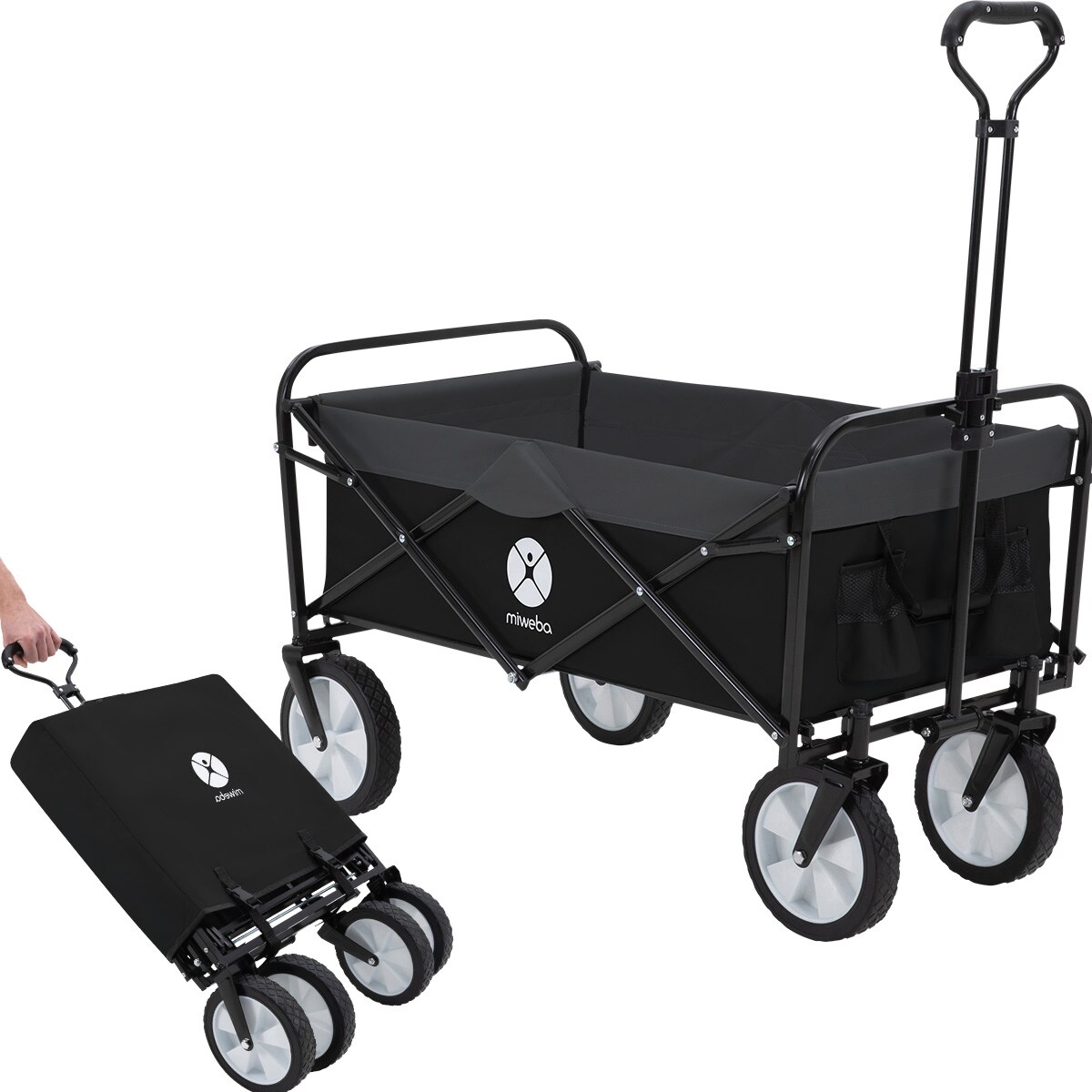 Bollerwagen MB-35, faltbar, bis , Teleskop-Lenkstange, 360°-Räder, Tasche, Stahlrahmen (Schwarz/Dunkelgrau)