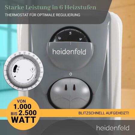 Heidenfeld Ölradiator ÖR200, Thermostat, Timerfunktion, 1000-2500 Watt, 6  Stufen, 3 Jahre Garantie