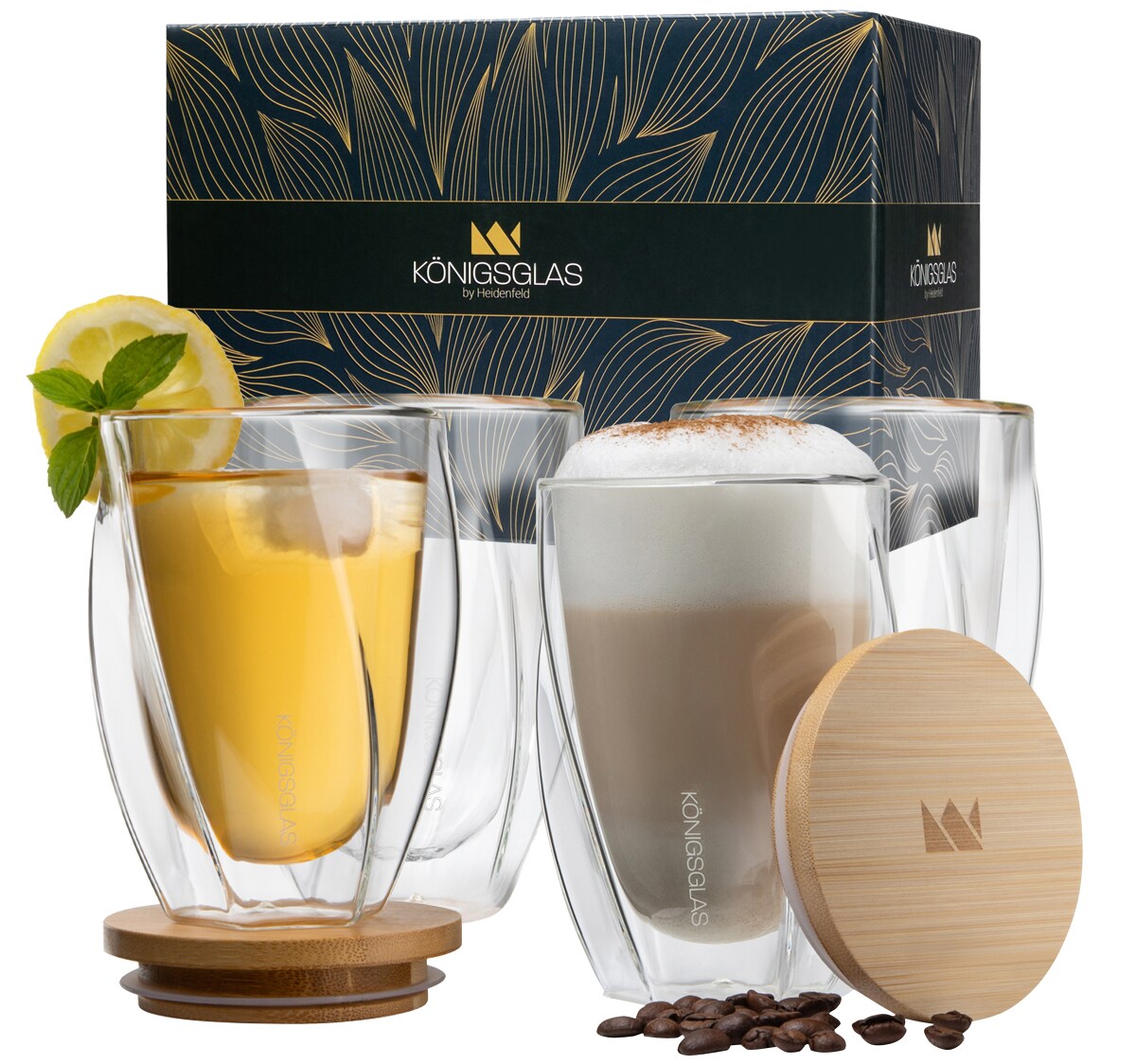 Swing, Tee-/Kaffeegläser by Heidenfeld, 250/, Bambusdeckel, doppelwandig, Set (4er Set, 350 ml)
