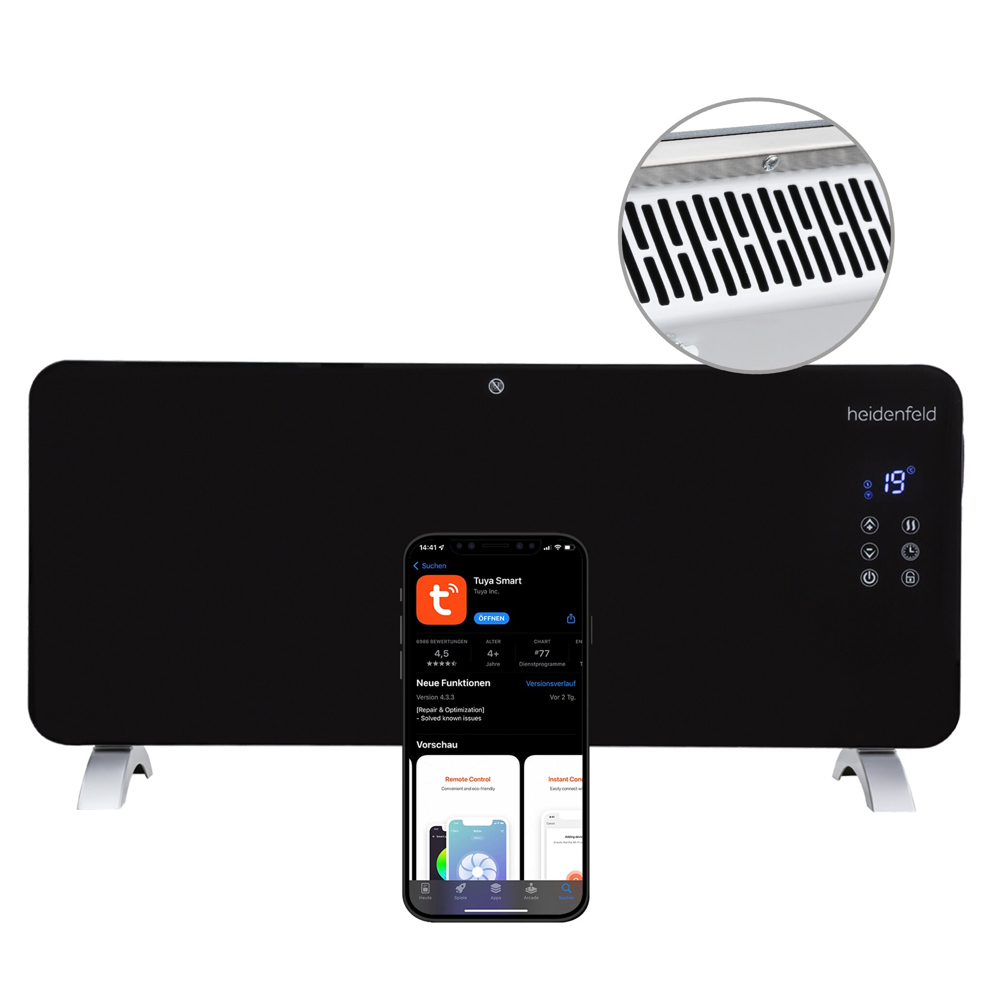 Heidenfeld Glas-Konvektorheizung GK200, Standger&auml;t oder Wandmontage, WLAN, 1000/2000 Watt, Timer (Mit WLAN) 