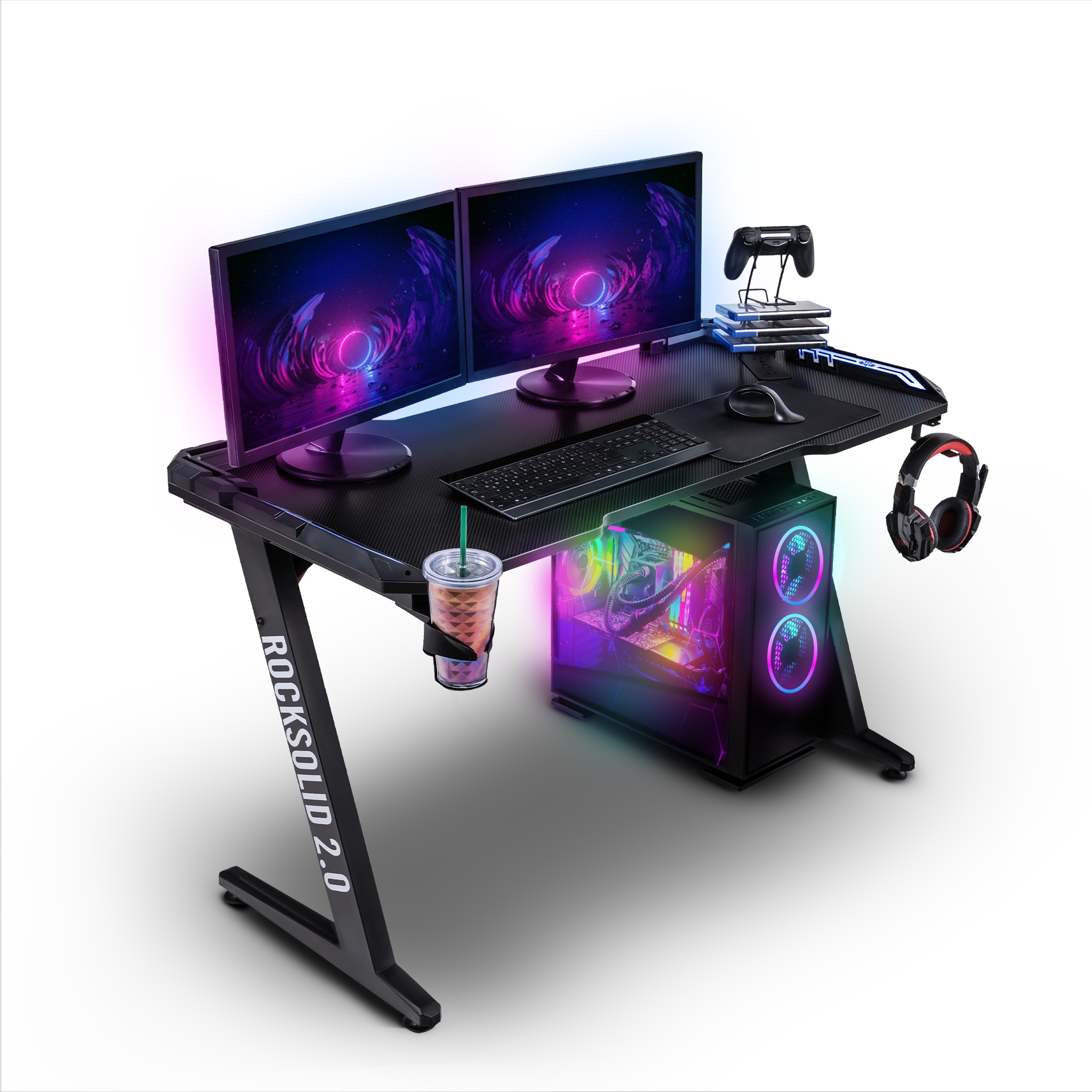 Elite Gaming-Tisch ROCKSOLID 2.0, Schreibtisch mit RGB-Beleuchtung, Carbon, Controller-Halterung uvm (2.0) 