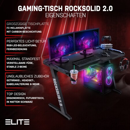 Elite Gaming-Tisch ROCKSOLID 2.0, Schreibtisch mit RGB-Beleuchtung, Carbon,  Controller-Halterung uvm (2.0) bei Marktkauf online bestellen