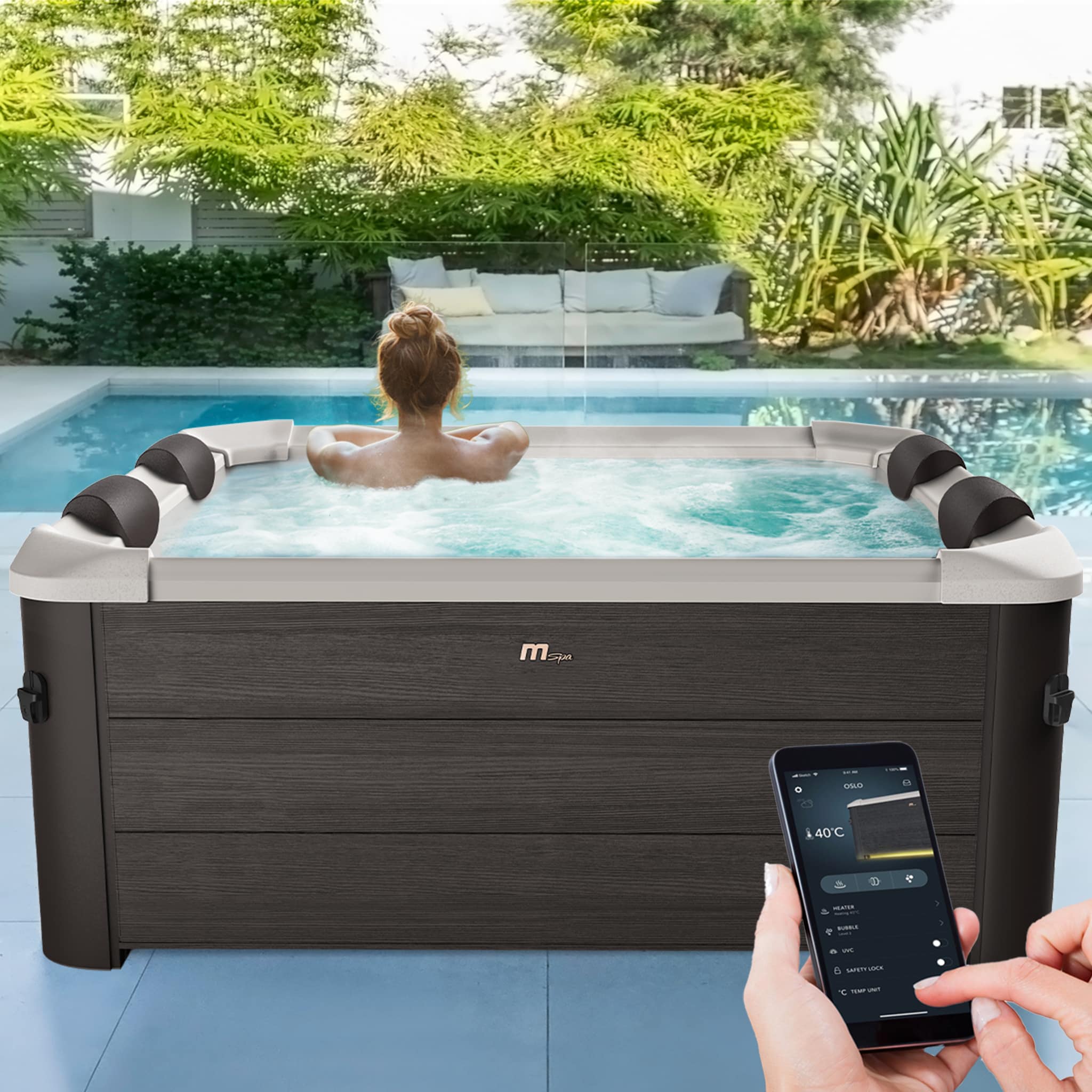Miweba MSpa Whirlpool Frame Tribeca F-TR062W, 6 Personen, App-Steuerung, UVC+ Reinigung, Holzoptik (F-TR062W T UVC+) 