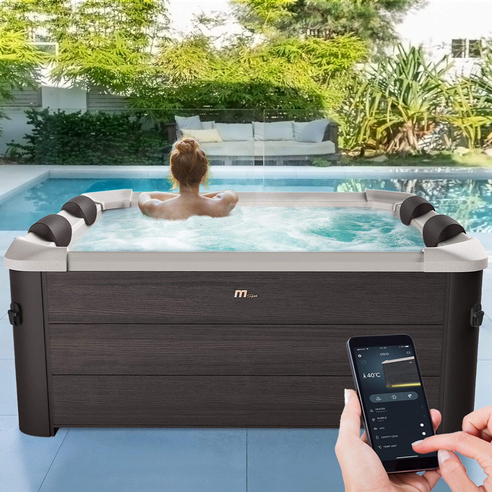 Miweba  Whirlpool Frame Tribeca F-TR062W, 6 Personen, App-Steuerung, UVC+ Reinigung, Holzoptik (F-TR062W T UVC+)