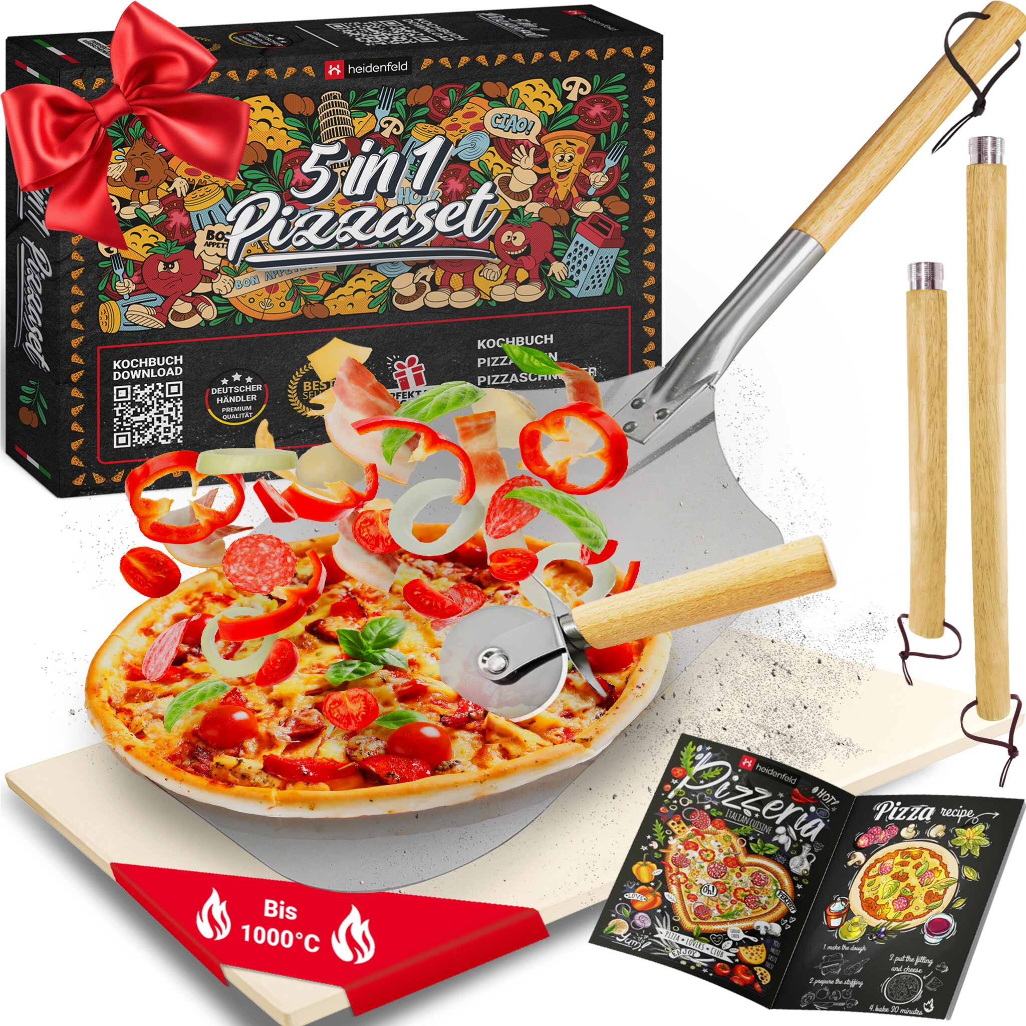 Heidenfeld 5in1 Pizza-Set, Pizzastein, 2in1 Pizzaschieber, Pizzaschneider, Holzgriffe, Pizza-Zubeh&ouml;r 