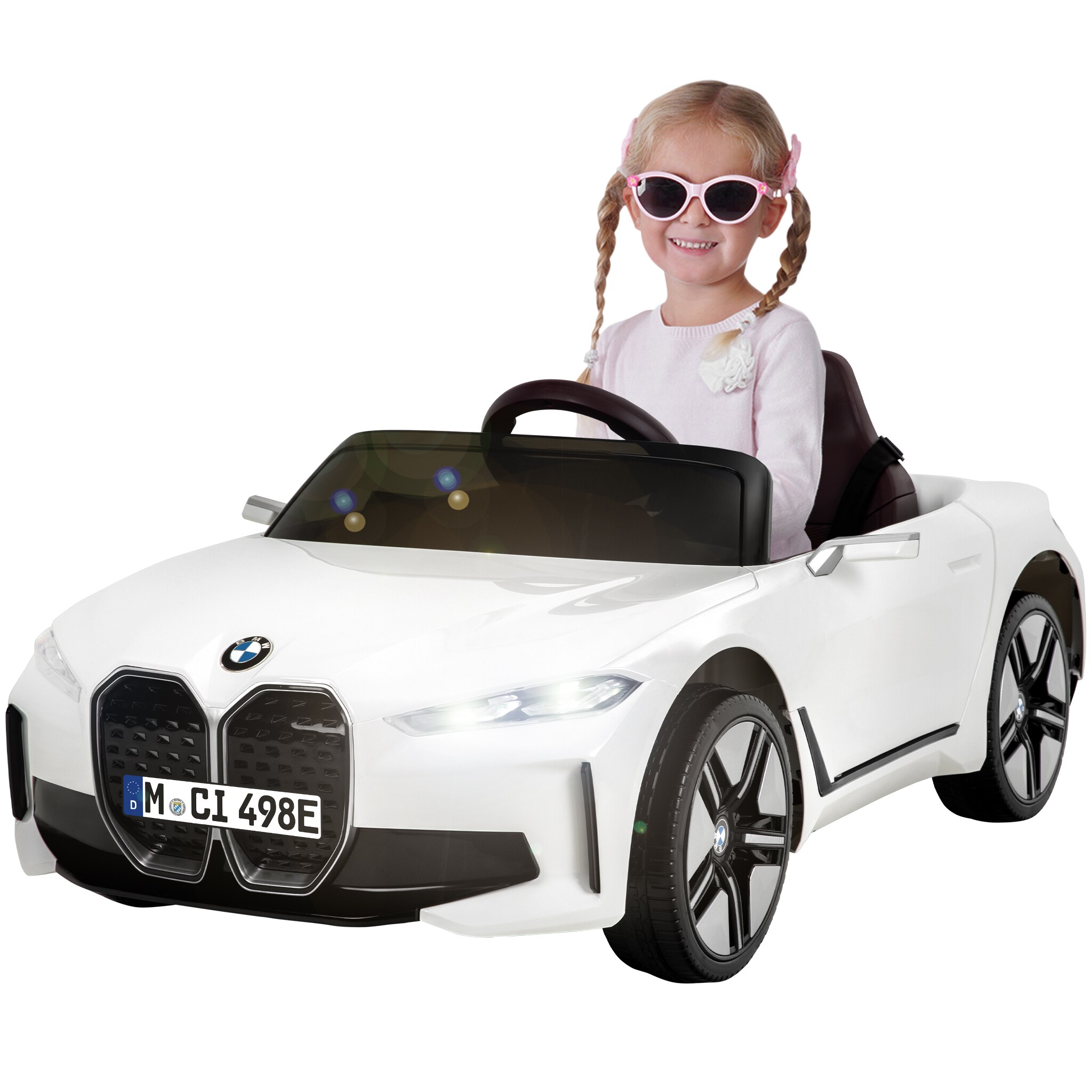 Kinder-Elektroauto BMW i4, Fernbedienung, LED-Beleuchtung, Soft-Start-Funktion (Wei&szlig;) 