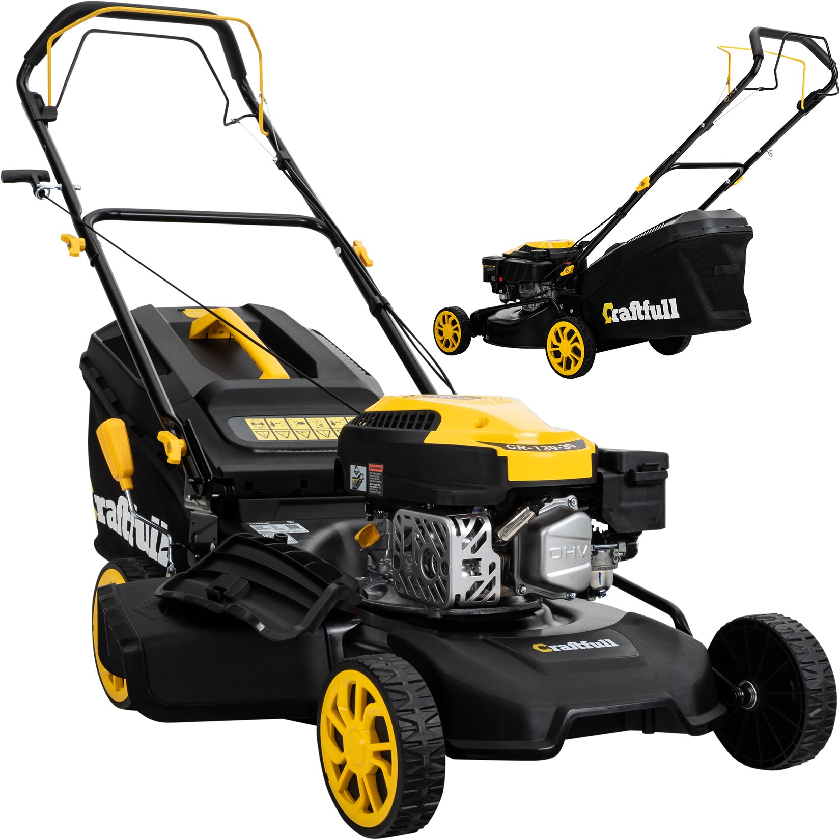 Premium Benzin-Rasenmäher CR-139-30, Selbstfahrantrieb, 144cm³ Motor, 4in1-System (Schwarz/Gelb)