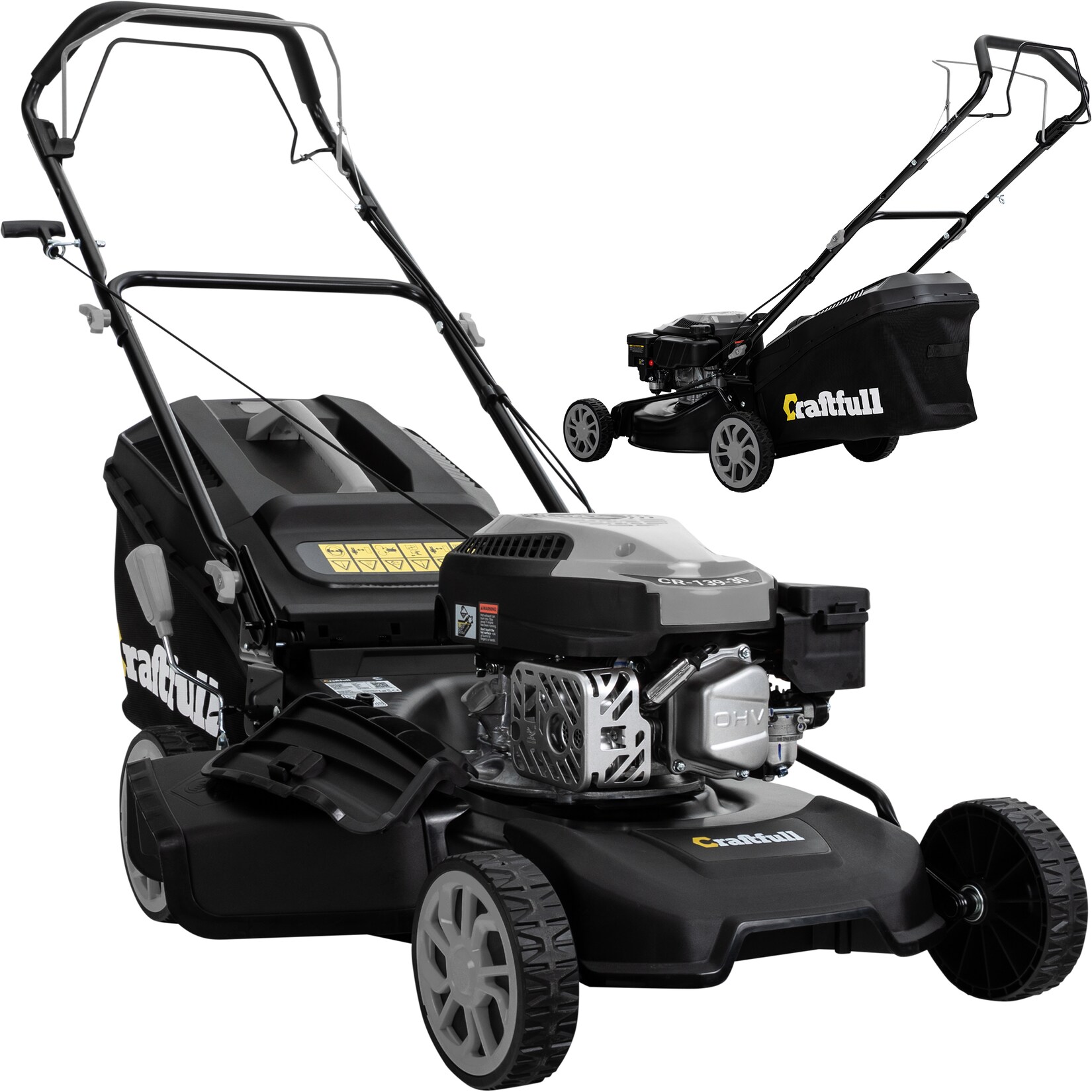 Premium Benzin-Rasenmäher CR-139-30, Selbstfahrantrieb, 144cm³ Motor, 4in1-System (Schwarz/Grau)