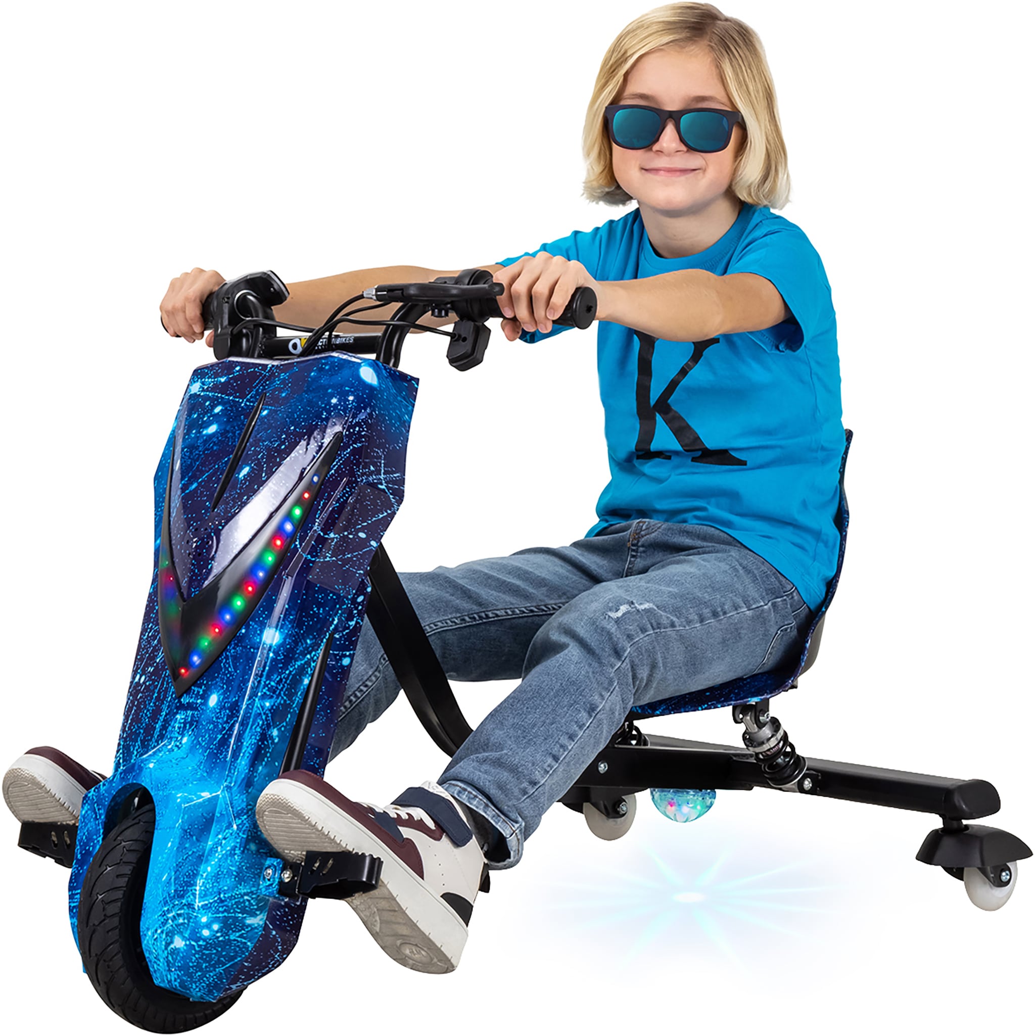 Elektro-Drift-Trike f&uuml;r Kinder, Drift-Scooter 2.0, bis zu 15km/h, drosselbar, Hupe, LED-Driftrollen (Space Blue) 