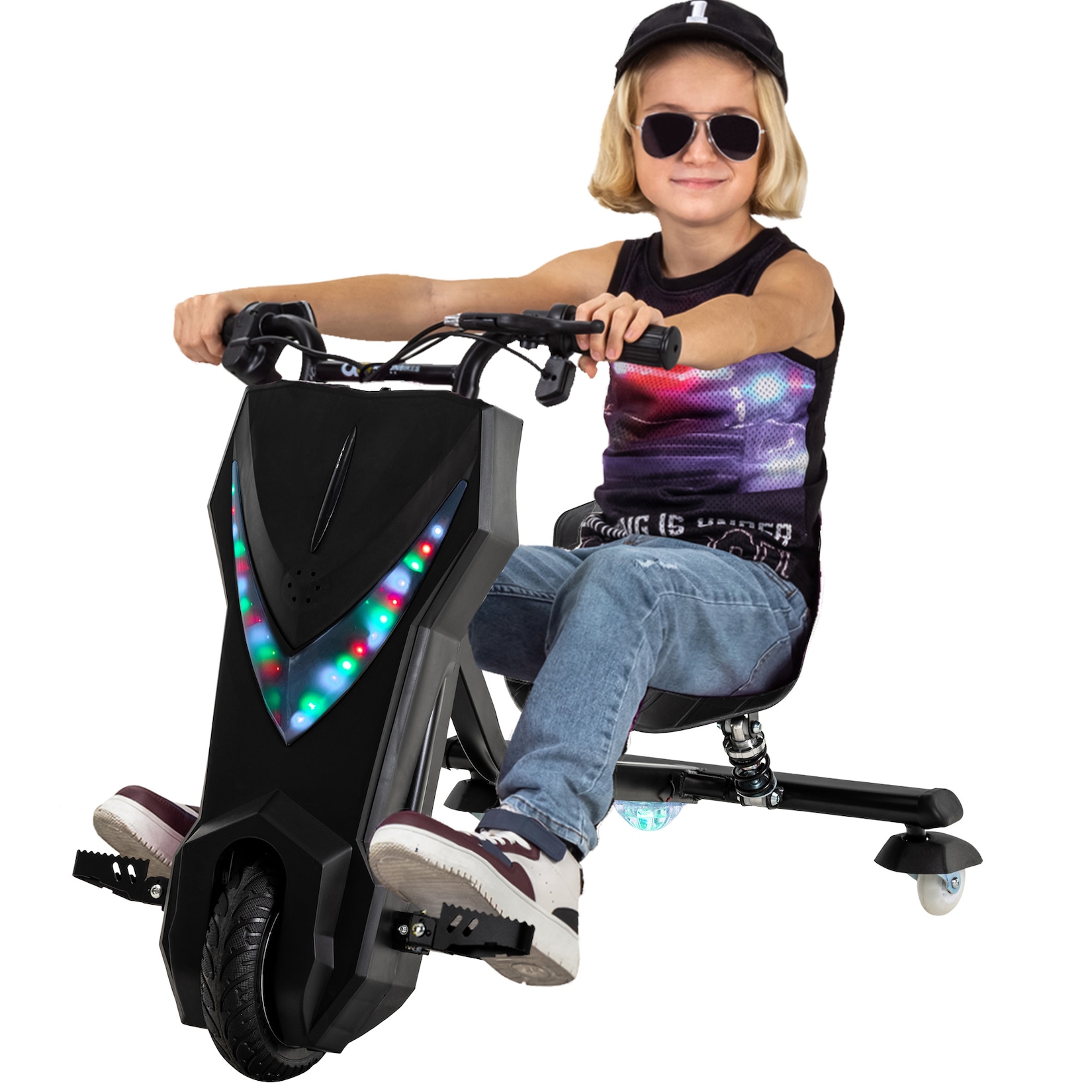 Elektro-Drift-Trike für Kinder, Drift-Scooter 2.0, bis zu 15km/h, drosselbar, Hupe, LED-Driftrollen (Schwarz)