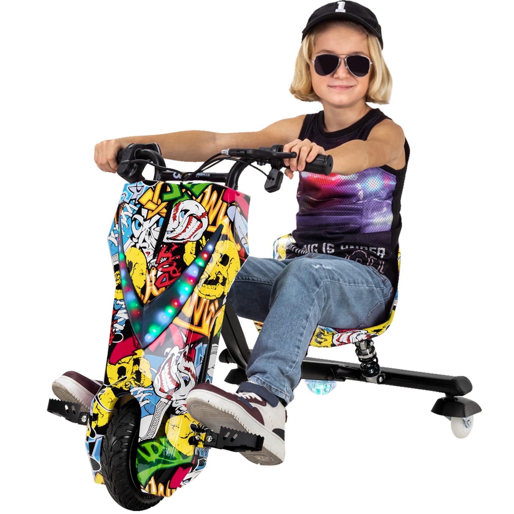 Elektro-Drift-Trike für Kinder, Drift-Scooter 2.0, bis zu 15km/h, drosselbar, Hupe, LED-Driftrollen (Gelb Graffiti)