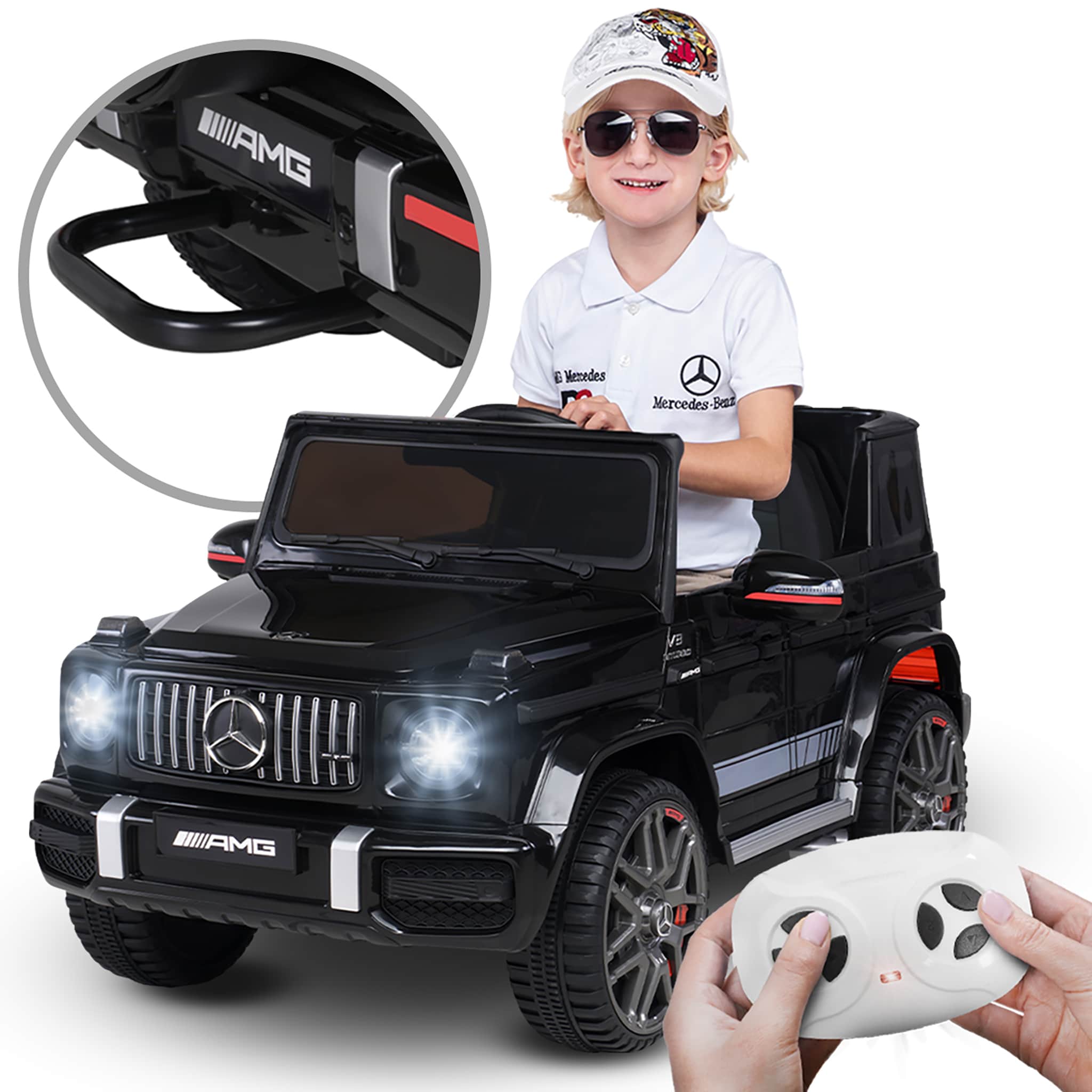 Kinder-Elektroauto Mercedes AMG G63 W464, Bremsautomatik, 3-5 km/h, Soft-Start, LED, Fernbedienung (Schwarz) 