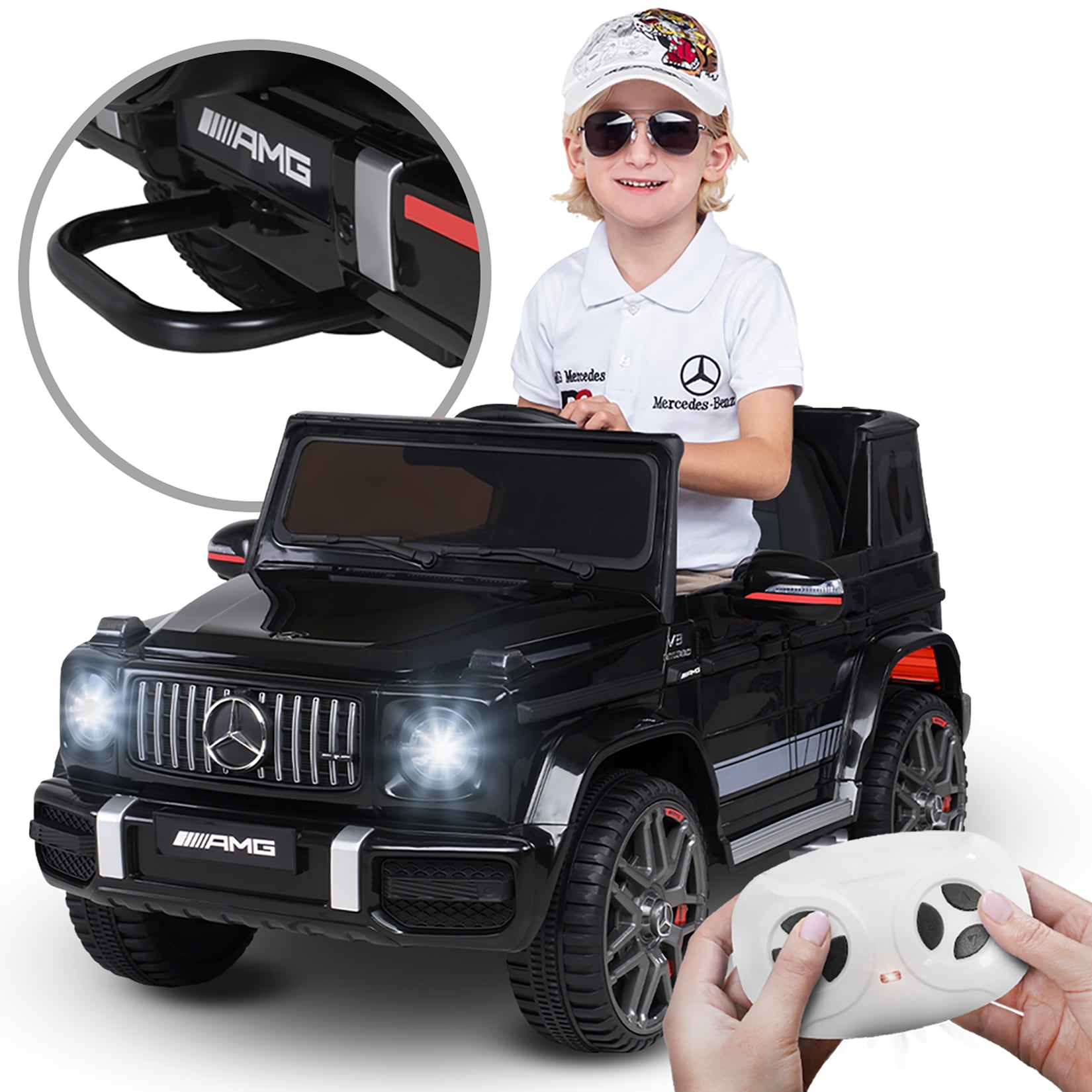 Kinder-Elektroauto Mercedes AMG G63 W464, Bremsautomatik, 3-5 km/h, Soft-Start, LED, Fernbedienung (Schwarz)