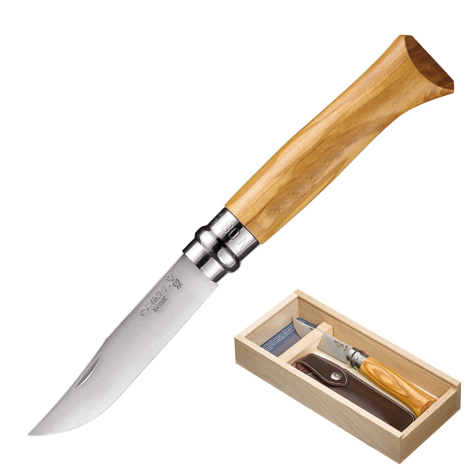 OPINEL Geschenk Set Messer No. 8 + Etui - Klappmesser Taschenmesser Oliven Holz 