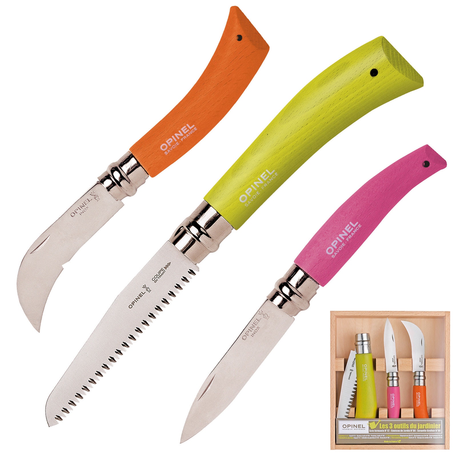 OPINEL G&auml;rtner Messer Set Gartenmesser Gartenhippe S&auml;ge Blumenmesser Stahl Holz 