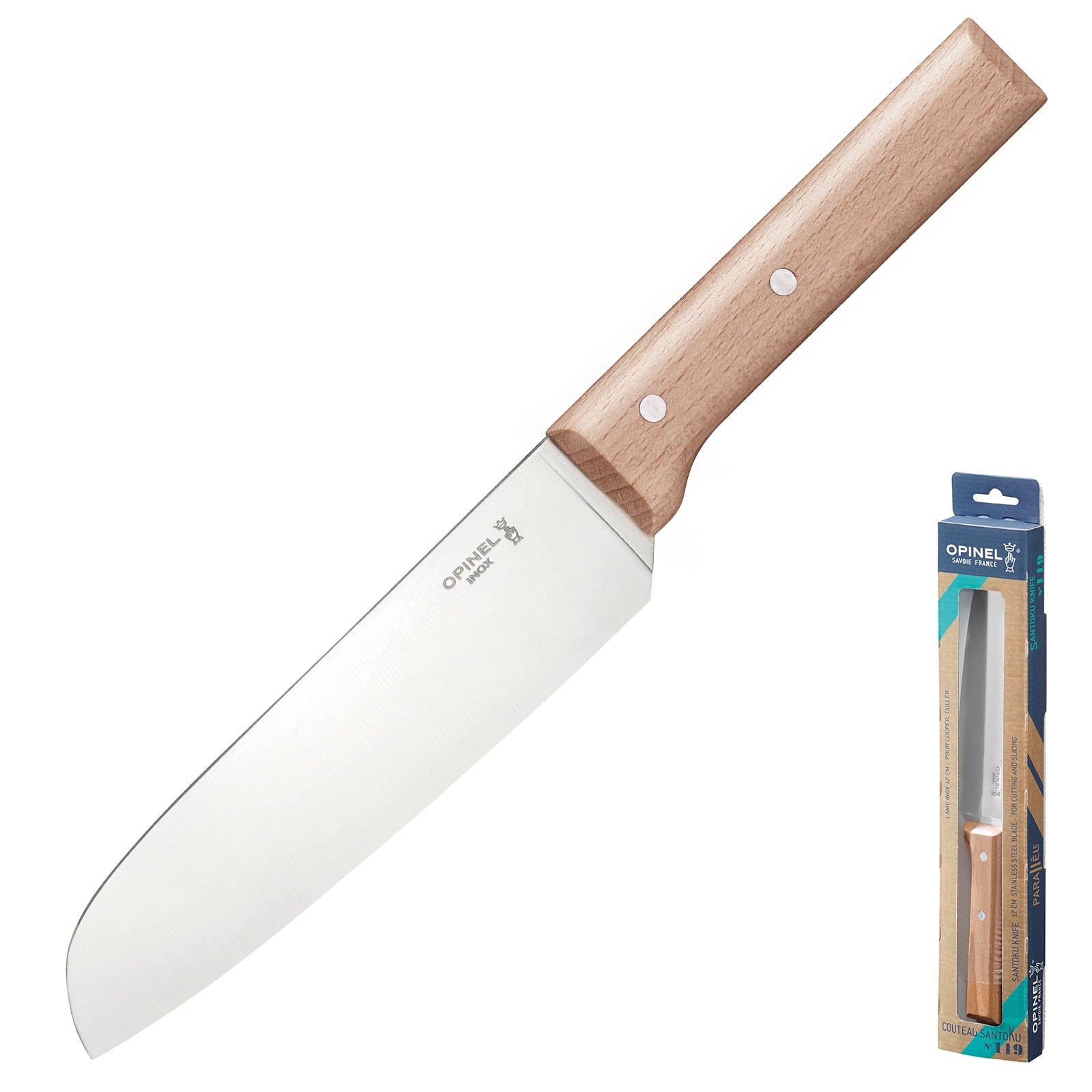 OPINEL Parallele Santoku K&uuml;chenmesser Kochmesser Fleisch Fisch Messer Holzgriff 