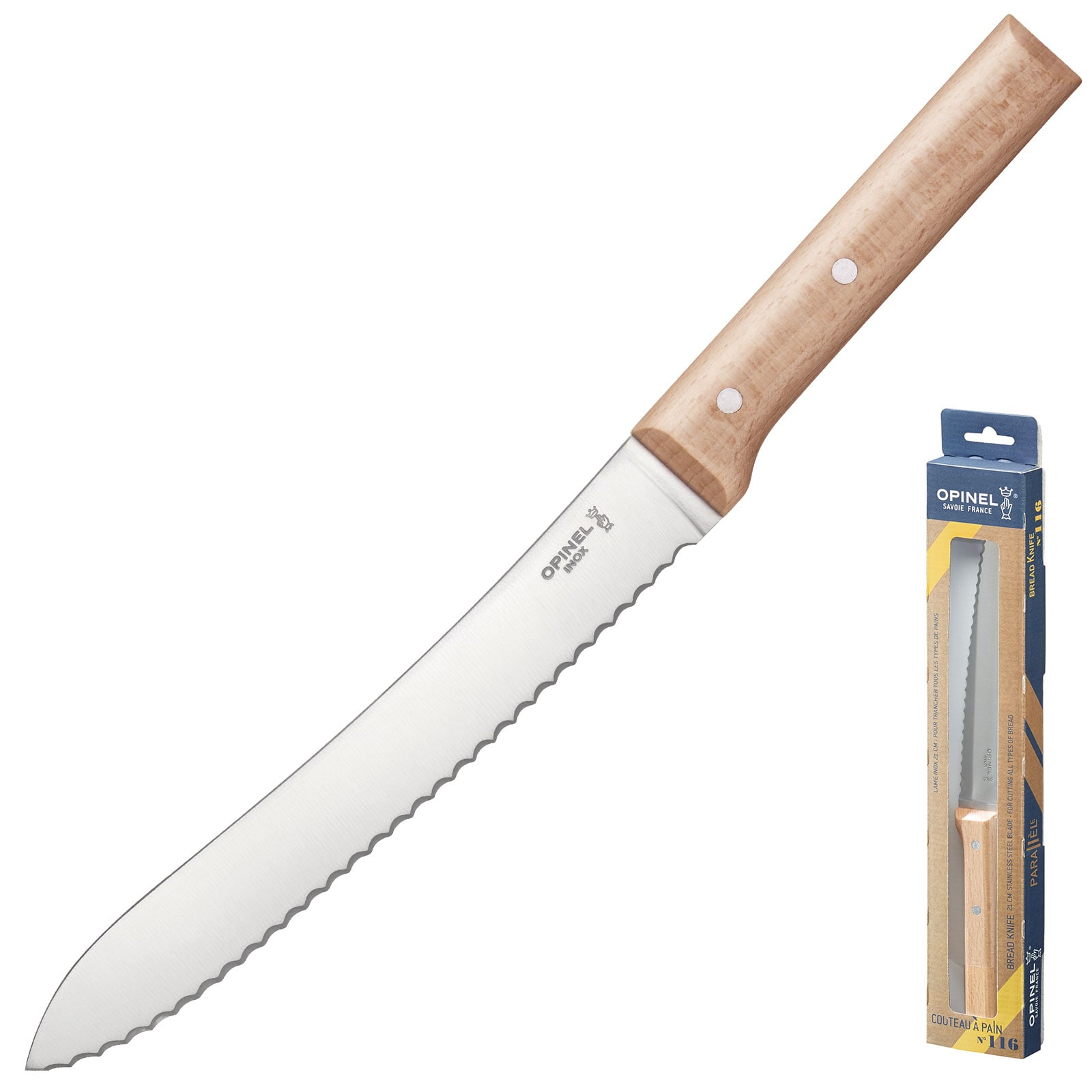 OPINEL Parallele Brotmesser - Wellenschliff S&auml;gemesser Holzgriff Stahl 21 cm 