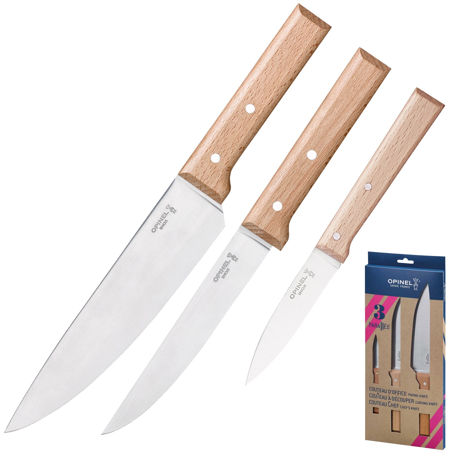 OPINEL 3er Set Parallele K&uuml;chen Messer Kochmesser Allzweckmesser Stahl Holzgriff 