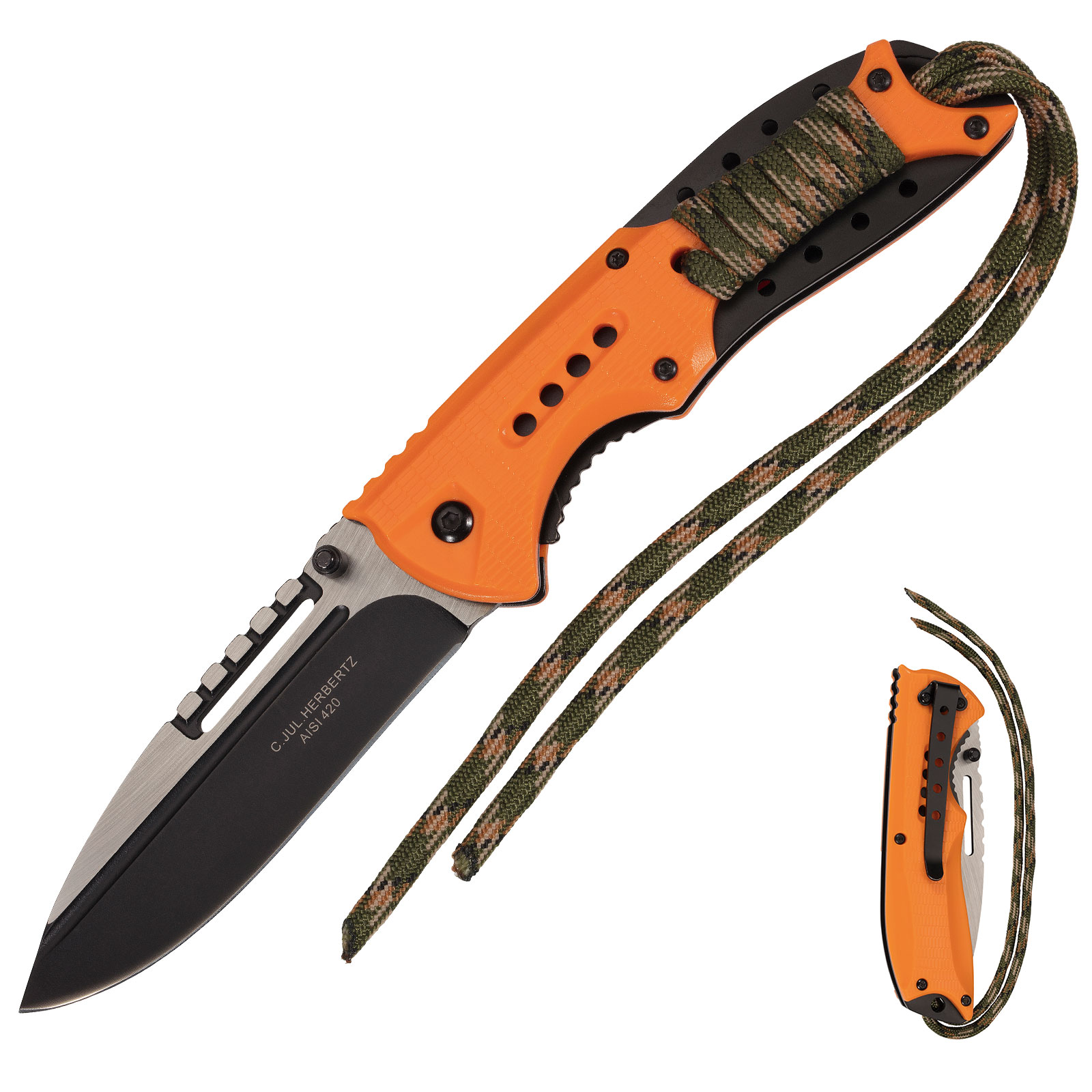 HERBERTZ Einhandmesser Orange Survival Klappmesser Paracord Taschenmesser AISI 
