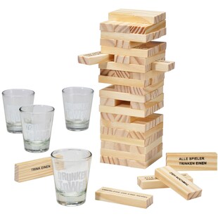 HI Holz Wackelturm Trinkspiel Geschicklichkeitsspiel Partyspiel +4 Gläser 