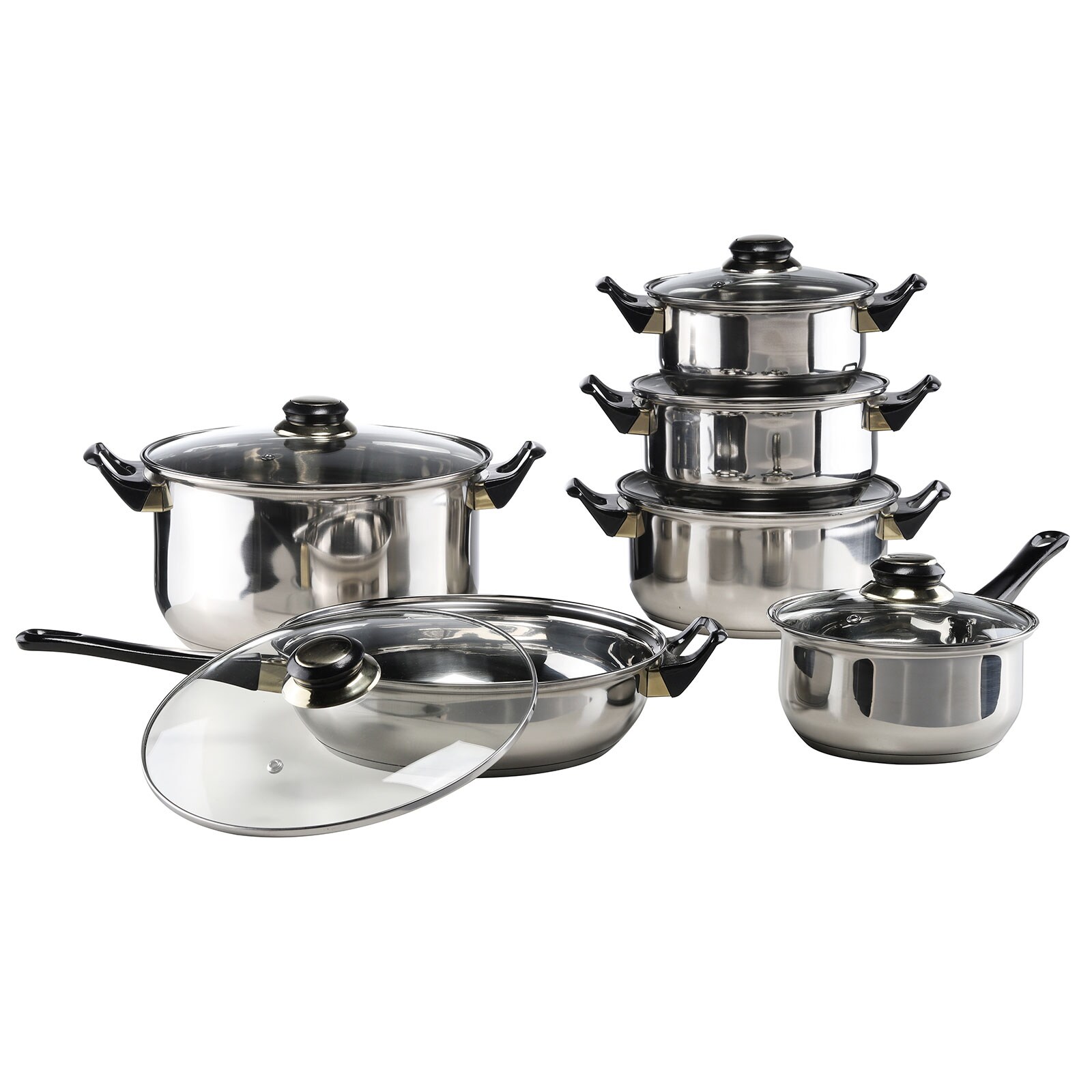 Koch Topf Set 12 tlg. Glas Deckel Geschirr Pfanne Kasserolle Griff Edelstahl