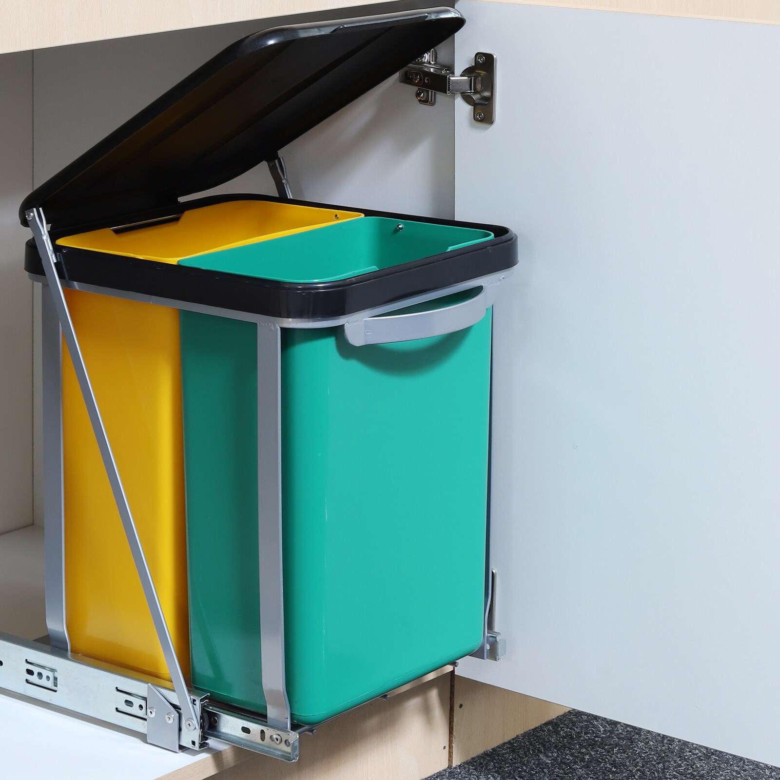 HI Teleskop Doppel M&uuml;ll Eimer Duo K&uuml;chen Schrank Einbau Auszug Abfall Trenner 