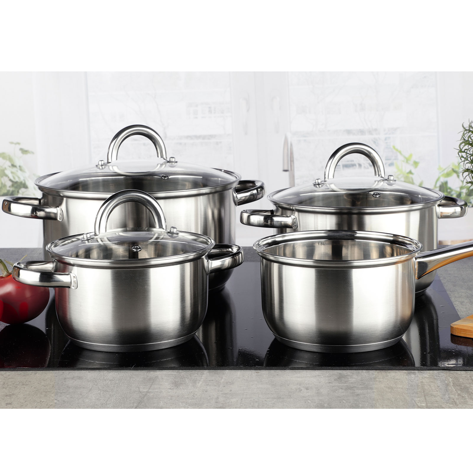 HI Koch Topf Set 7tlg. Glas Deckel Induktion Geschirr Kasserolle Griff Edelstahl 