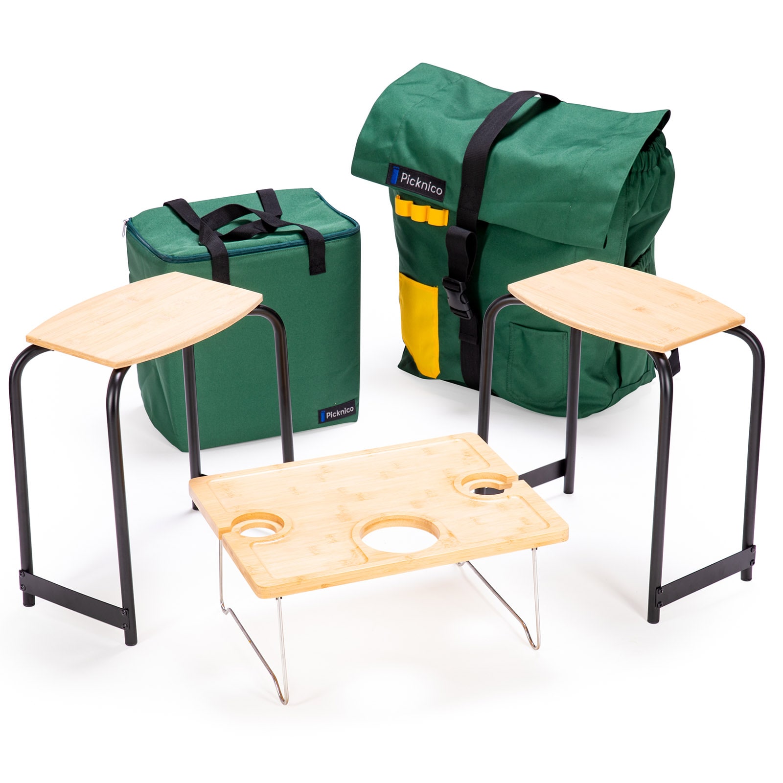 PICKNICO Picknick Tisch Set + Hocker Rucksack K&uuml;hltasche Camping Alu Bambus Holz 