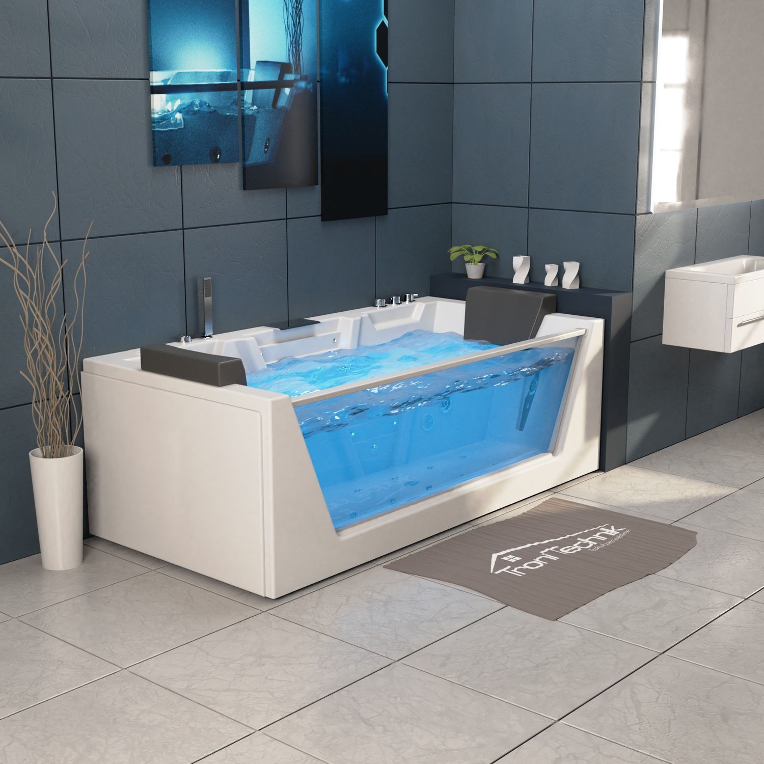 TroniTechnik&reg; Whirlpool Badewanne MYKONOS 180cm x 88cm mit Heizung, Wasserfall, Hydromassage und Farblichtherapie, Sanit&auml;racryl 
