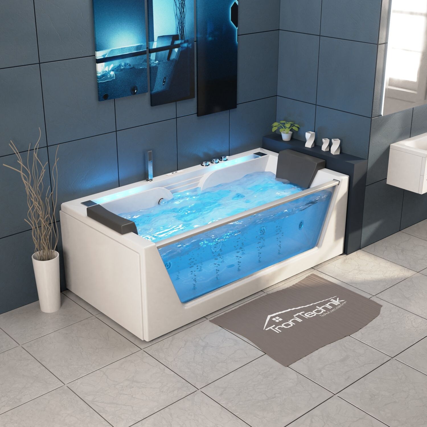 TroniTechnik® Whirlpool Badewanne KOS 2 179cm x 85cm mit Heizung, Hydromassage, Bachlauf und Farblichtherapie, Sanitäracryl