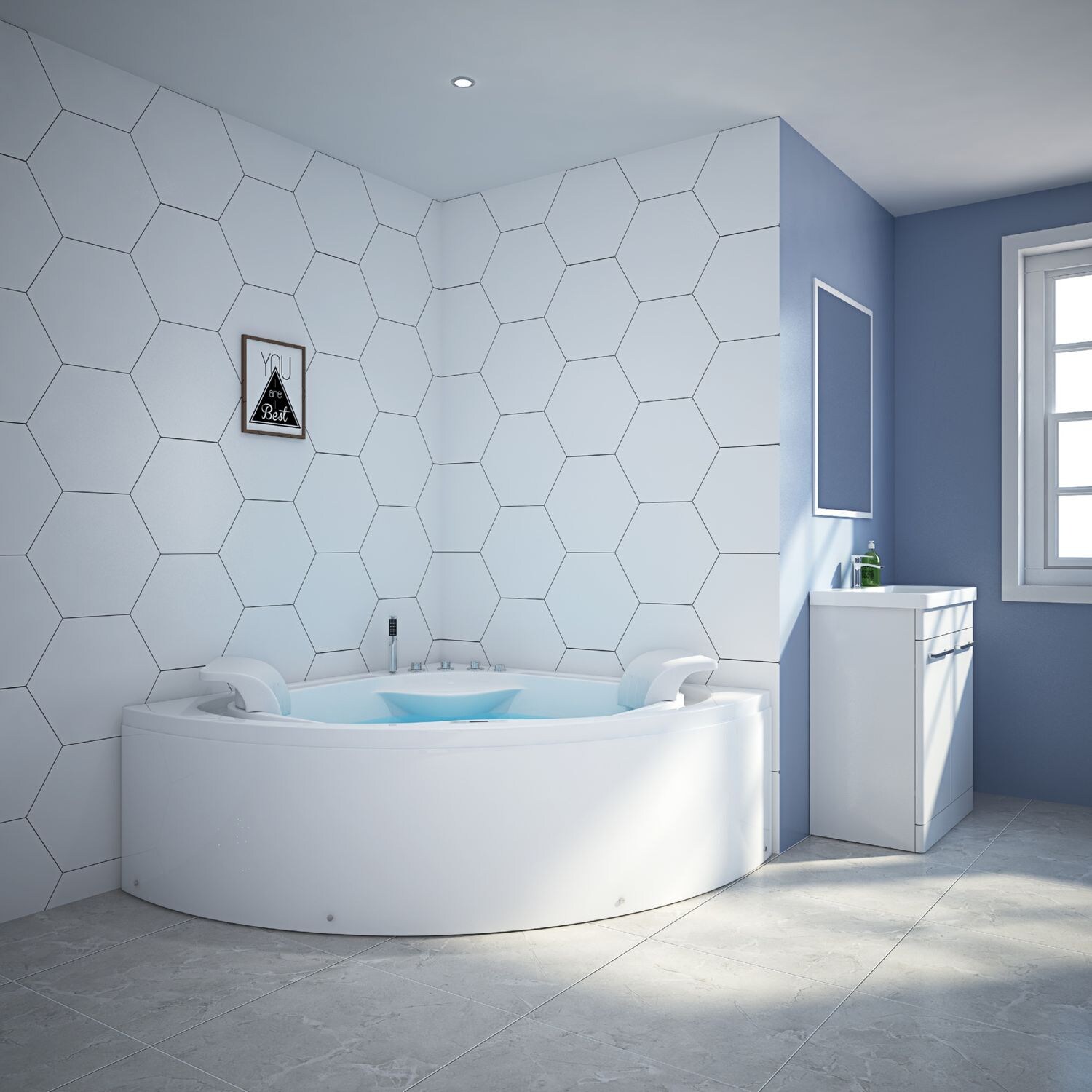 TroniTechnik® Eckwhirlpool ANDROS 160x160 Eckwanne Badewanne mit Whirlpool und Airpool Unterwasser LEDs inkl. Spülfunktion