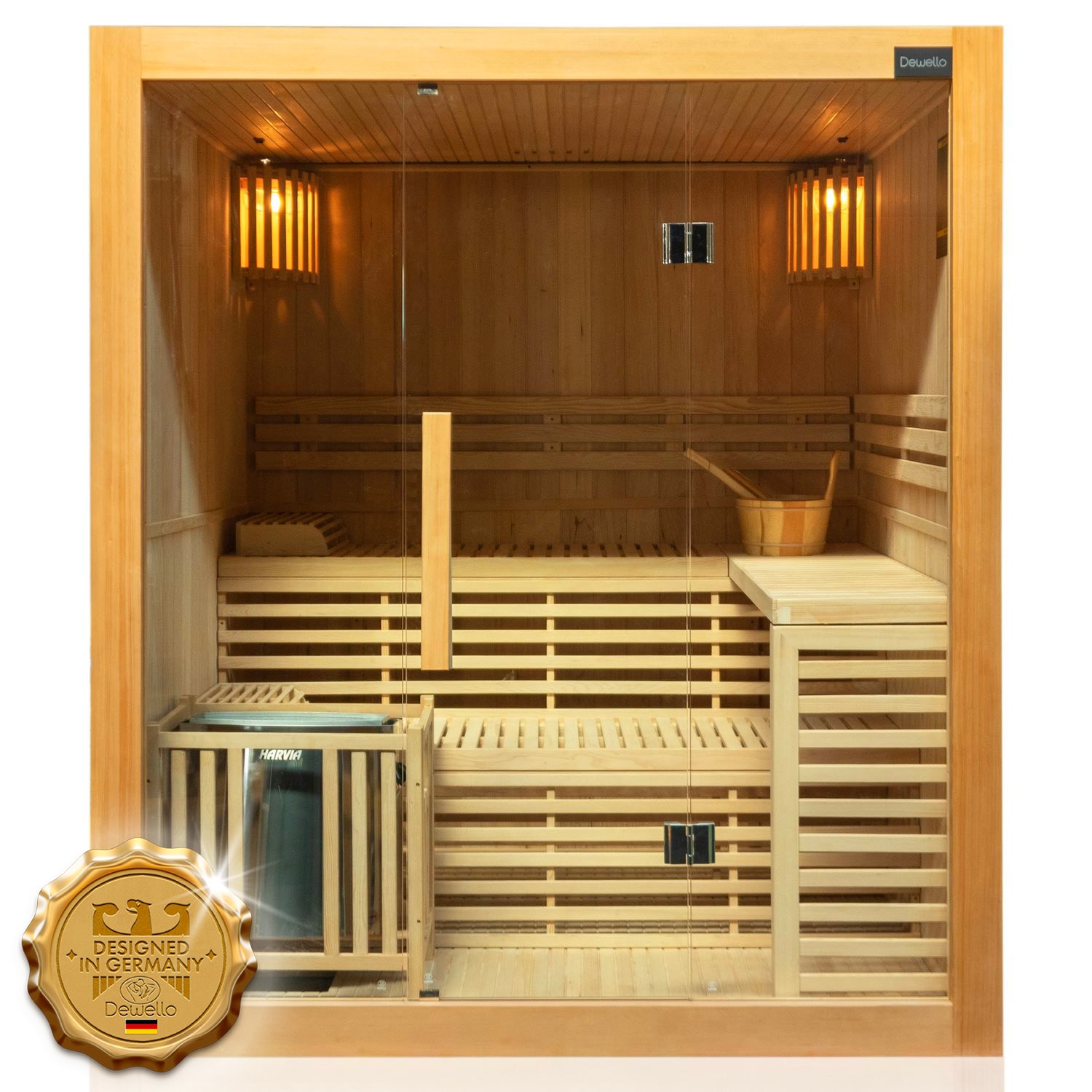 Dewello&reg; Finnische Traditionelle Sauna SARNIA 180cm x 140cm inkl. 6 KW Harvia Ofen, inkl.  Aufguss-Set, Sanduhr, Thermometer 