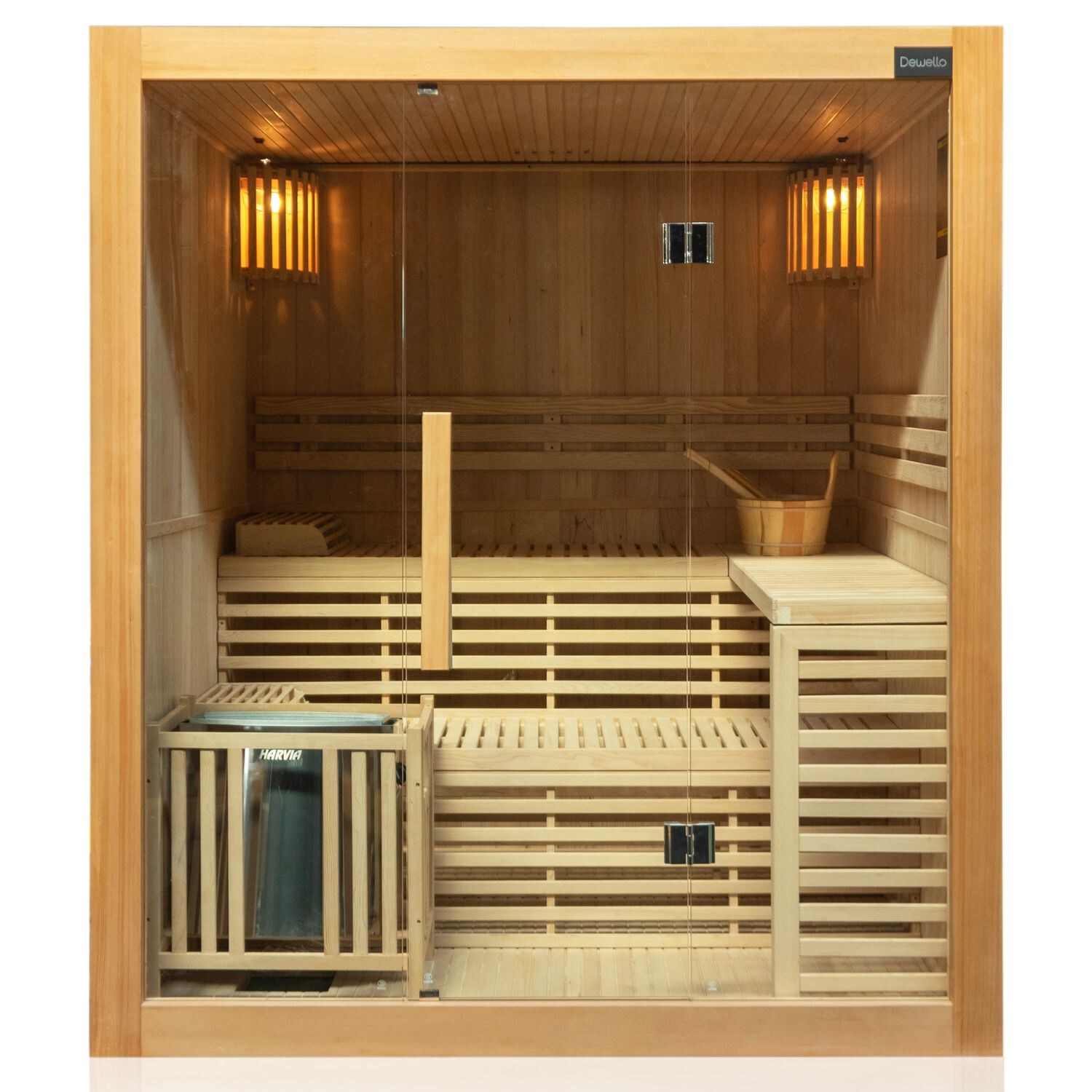® Finnische Traditionelle Sauna SARNIA 180cm x 140cm inkl. 6 KW Harvia Ofen, inkl.  Aufguss-Set, Sanduhr, Thermometer