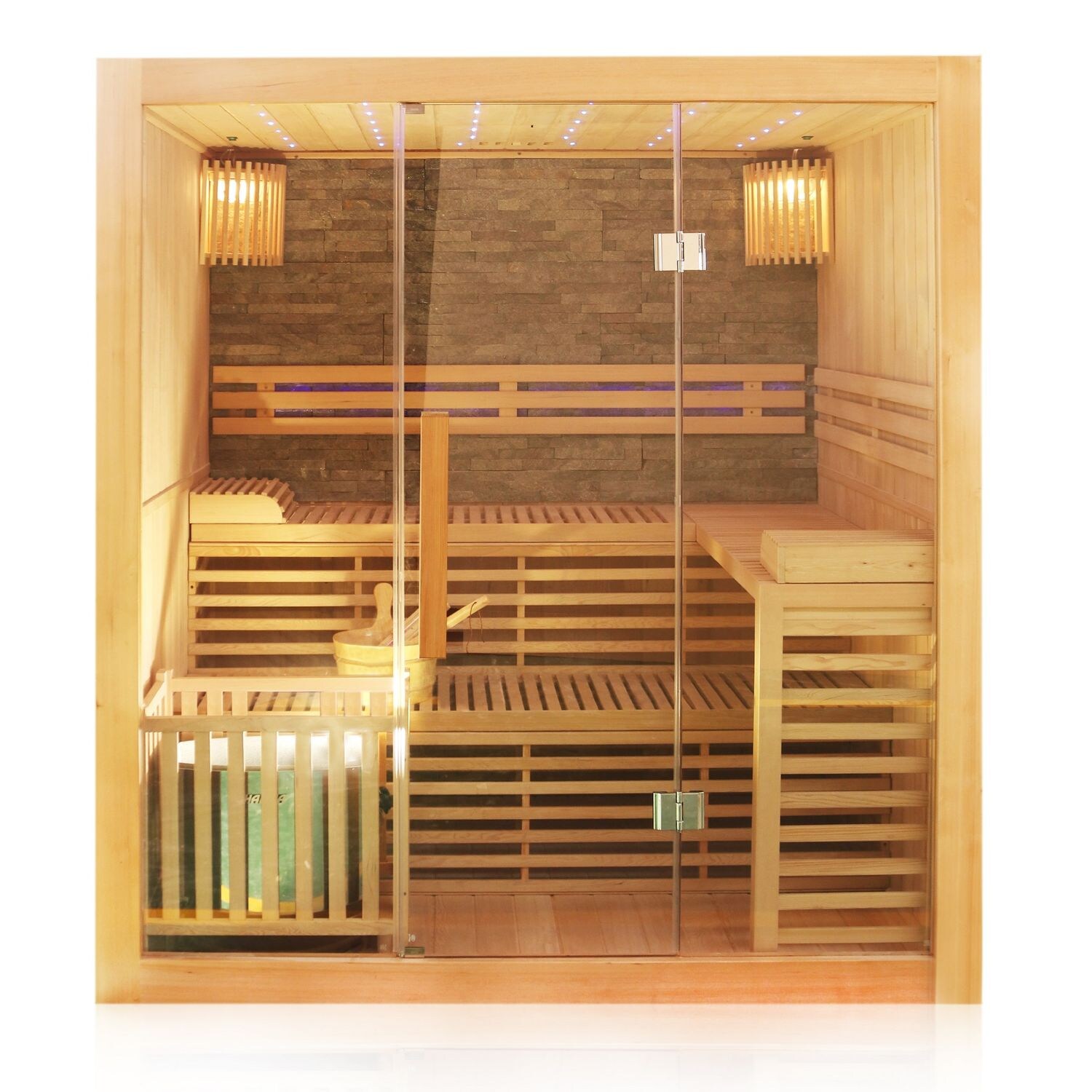 ® Finnische Traditionelle Sauna SARNIA PLUS 180cm x 140cm inkl. 6 KW Harvia Ofen, inkl.  Aufguss-Set, Sanduhr, Thermometer