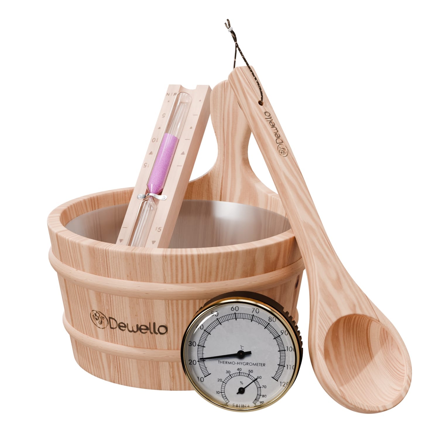 Dewello&reg; Sauna Zubeh&ouml;r Set | Saunathermometer, Hygrometer, Sanduhr, Aufguss Eimer & Saunakelle | Saunazubeh&ouml;r f&uuml;r Zuhause 