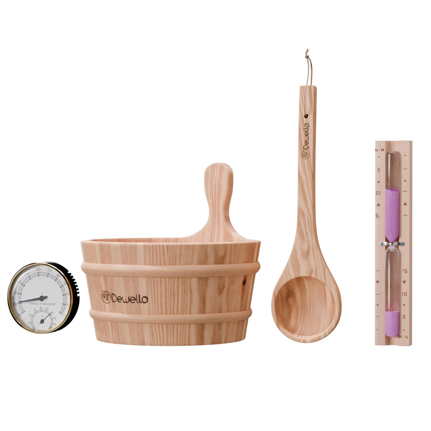 ® Sauna Zubehör Set   Saunathermometer, Hygrometer, Sanduhr, Aufguss Eimer & Saunakelle   Saunazubehör für Zuhause