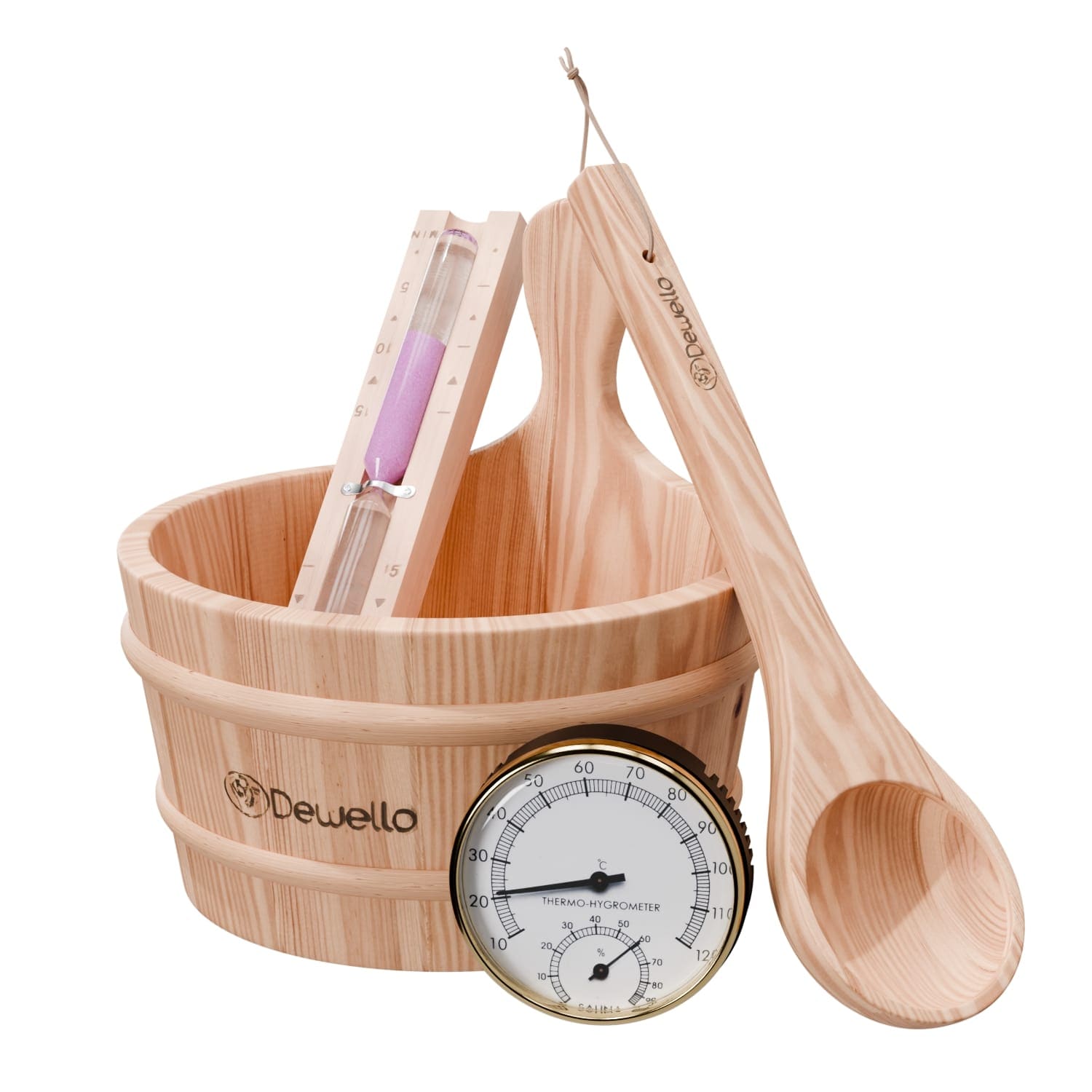 Dewello® Sauna Zubehör Set | Saunathermometer, Hygrometer, Sanduhr, Aufguss Eimer & Saunakelle