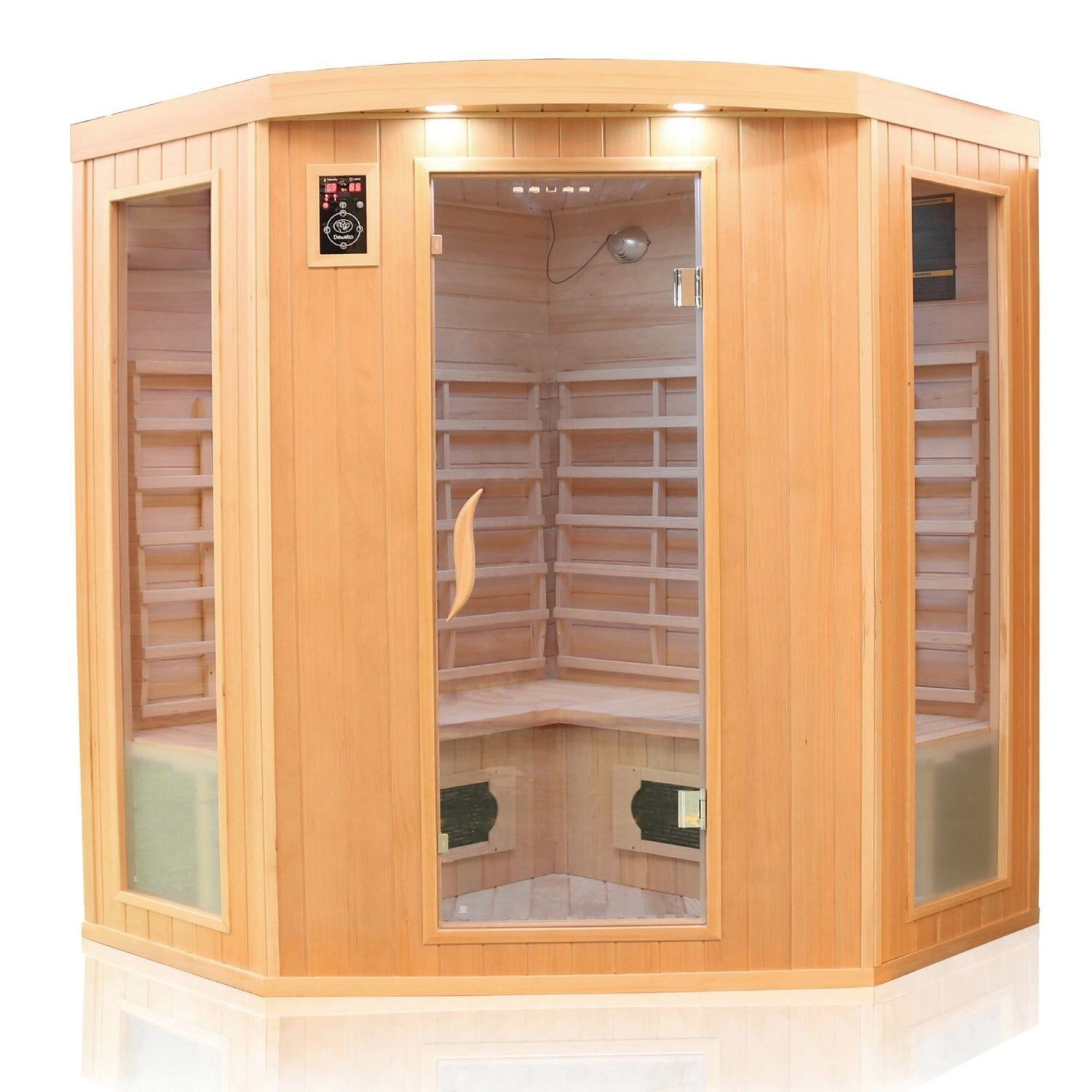 ® Infrarotkabine Infrarotsauna HALEY 160cm x 160cm inkl. 8 Keramikstrahler, Bodenstrahler und Zubehör, Farblicht, LED