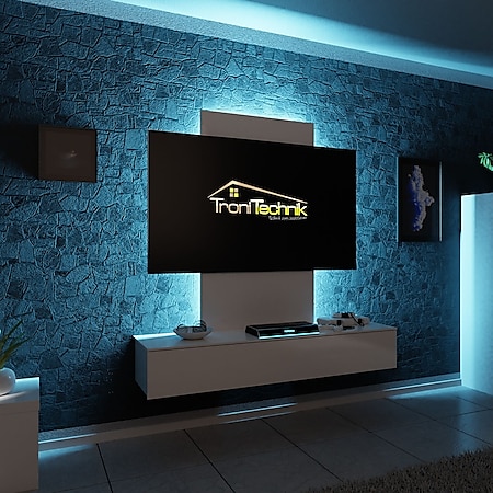 TroniTechnik® TV Board Lowboard Möbel Schrank Unterschrank Weiß Hochglanz VELAN, mit LED, gegen Kabelsalat, Melamin 
