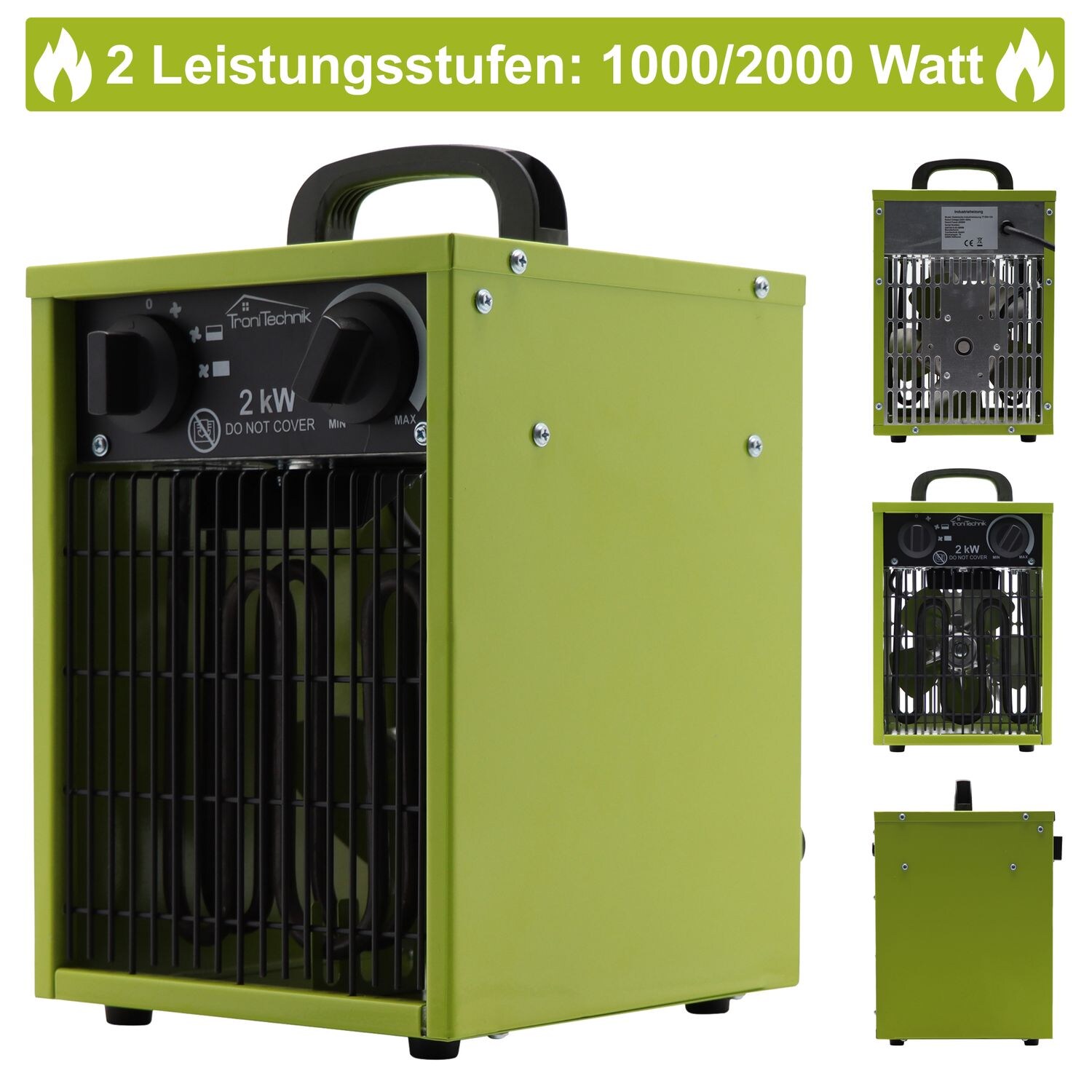 TroniTechnik® TT-EIH-152 Heizgerät Heizlüfter Heizung 2.000 Watt, Tragegriff, Stahl, stufenloses Thermostat, 2 Heizstufen
