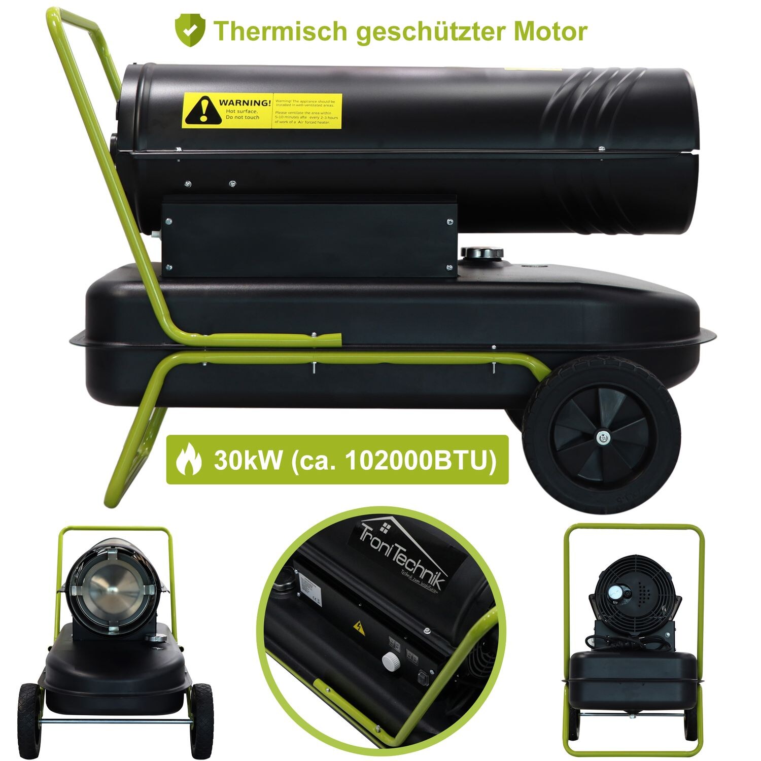 TroniTechnik® Heizkanone Dieselheizgebläse Dieselheizer 30kW Diesel Heißluftgenerator 230V, Heizleistung 30 kW,  Tank
