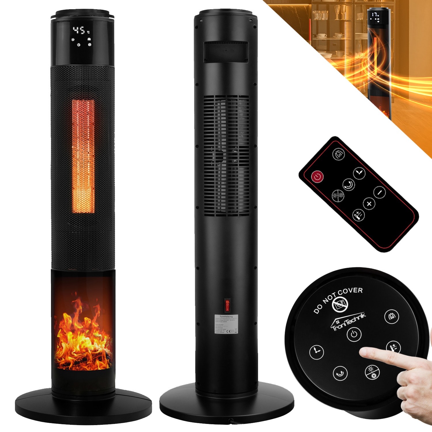 TroniTechnik&reg; PTC Turmheizer Keramikheizer Elektrokamin mit Heizung und Kaminfeuer 2000 Watt Heizl&uuml;fter, Oszillation 